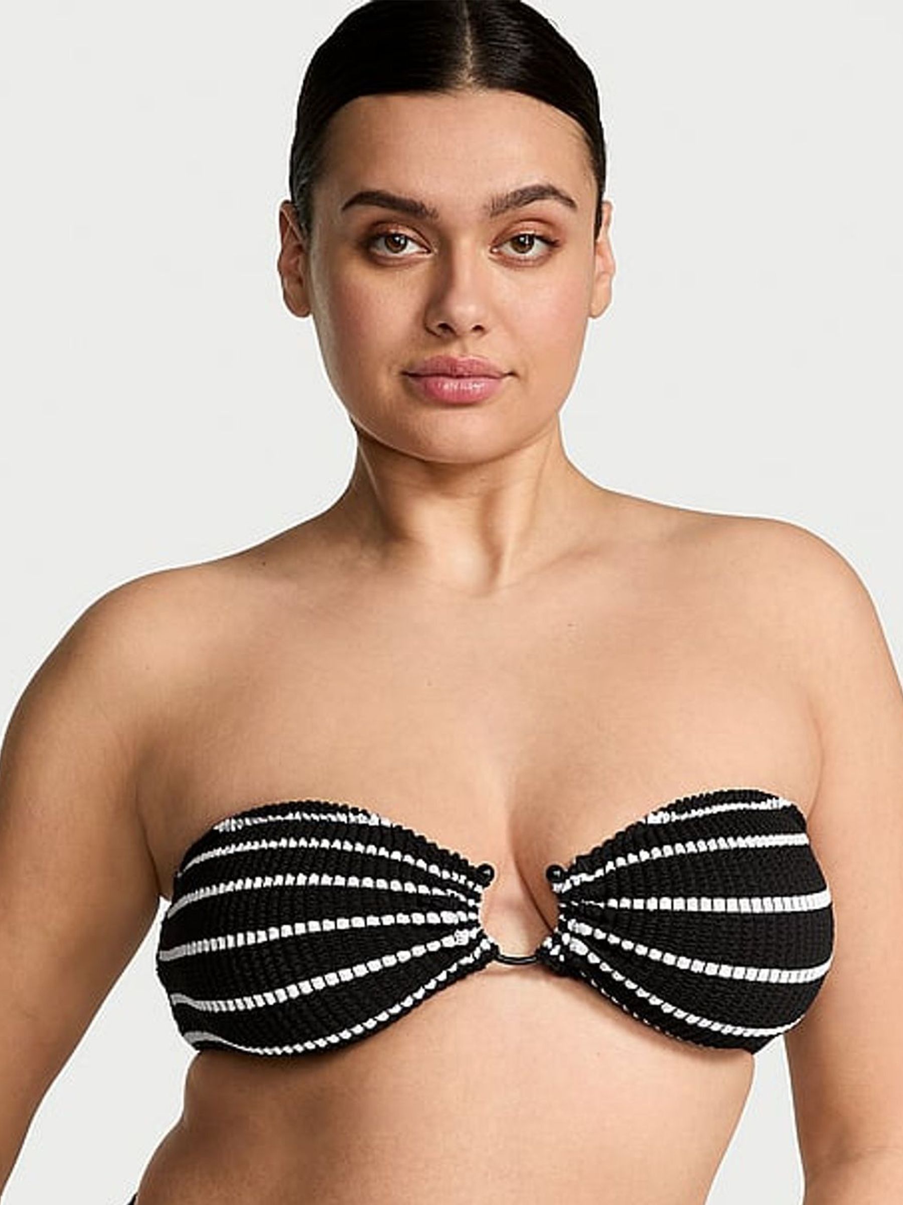 Black And White Stripe Strapless Crinkle U-Ring Bandeau Bikini Top