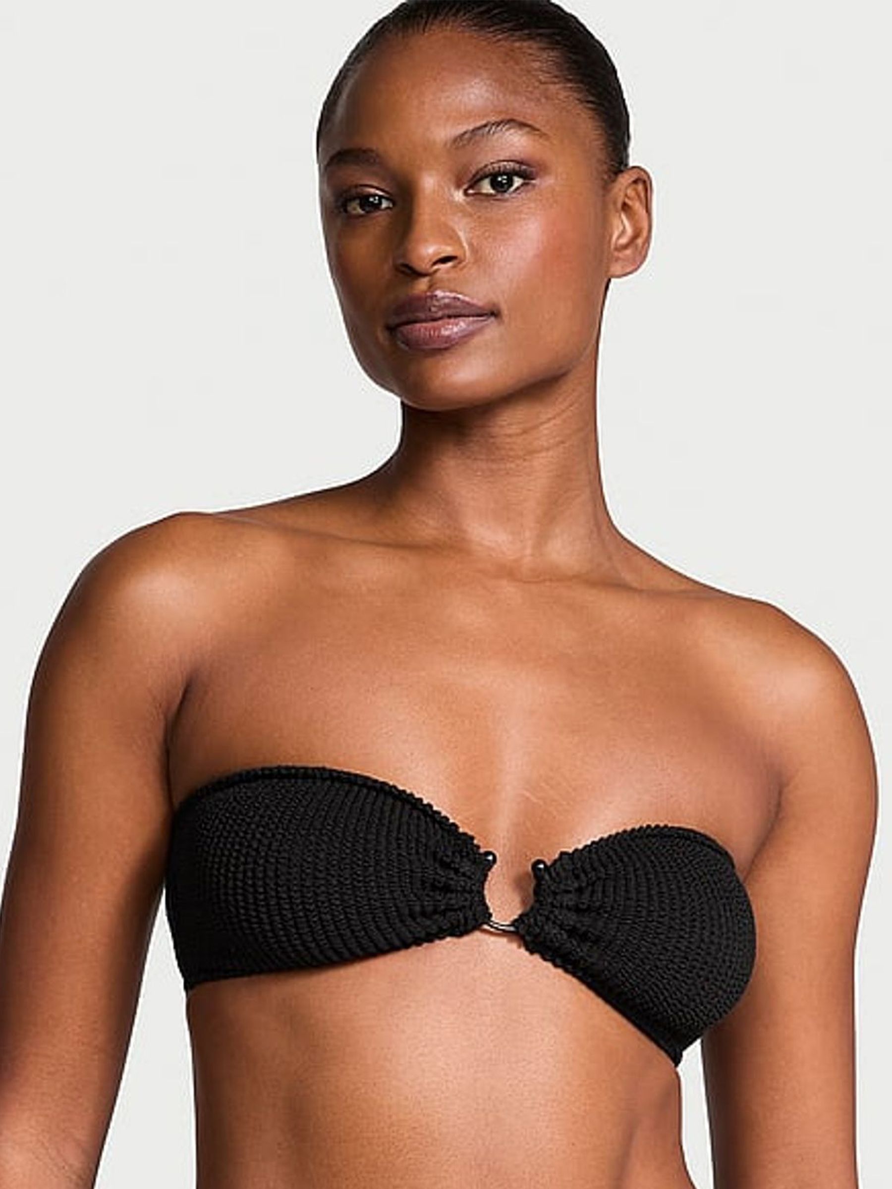 Pure Black Strapless Crinkle U-Ring Bandeau Bikini Top