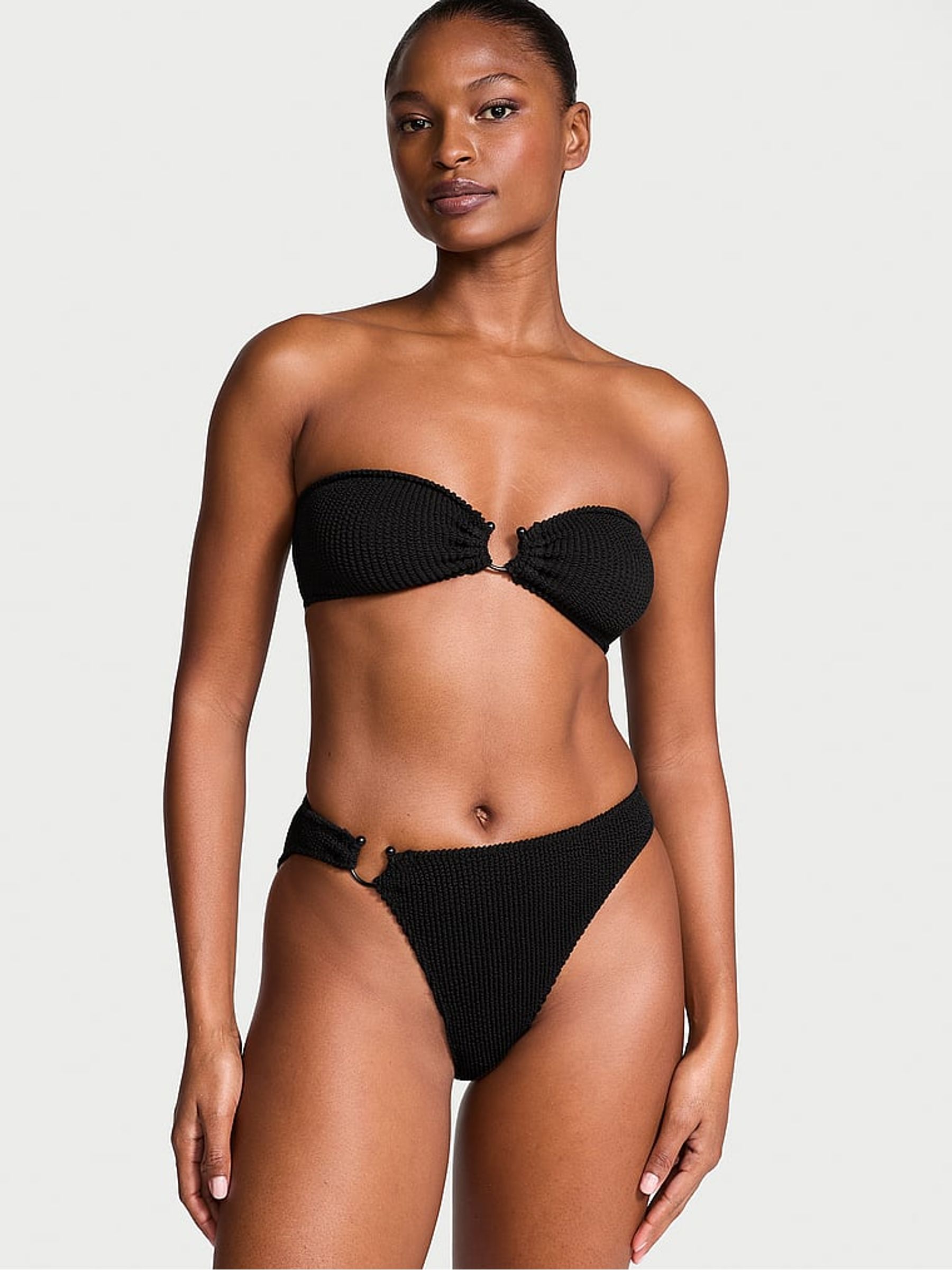 Pure Black Strapless Crinkle U-Ring Bandeau Bikini Top - Image 3 of 3
