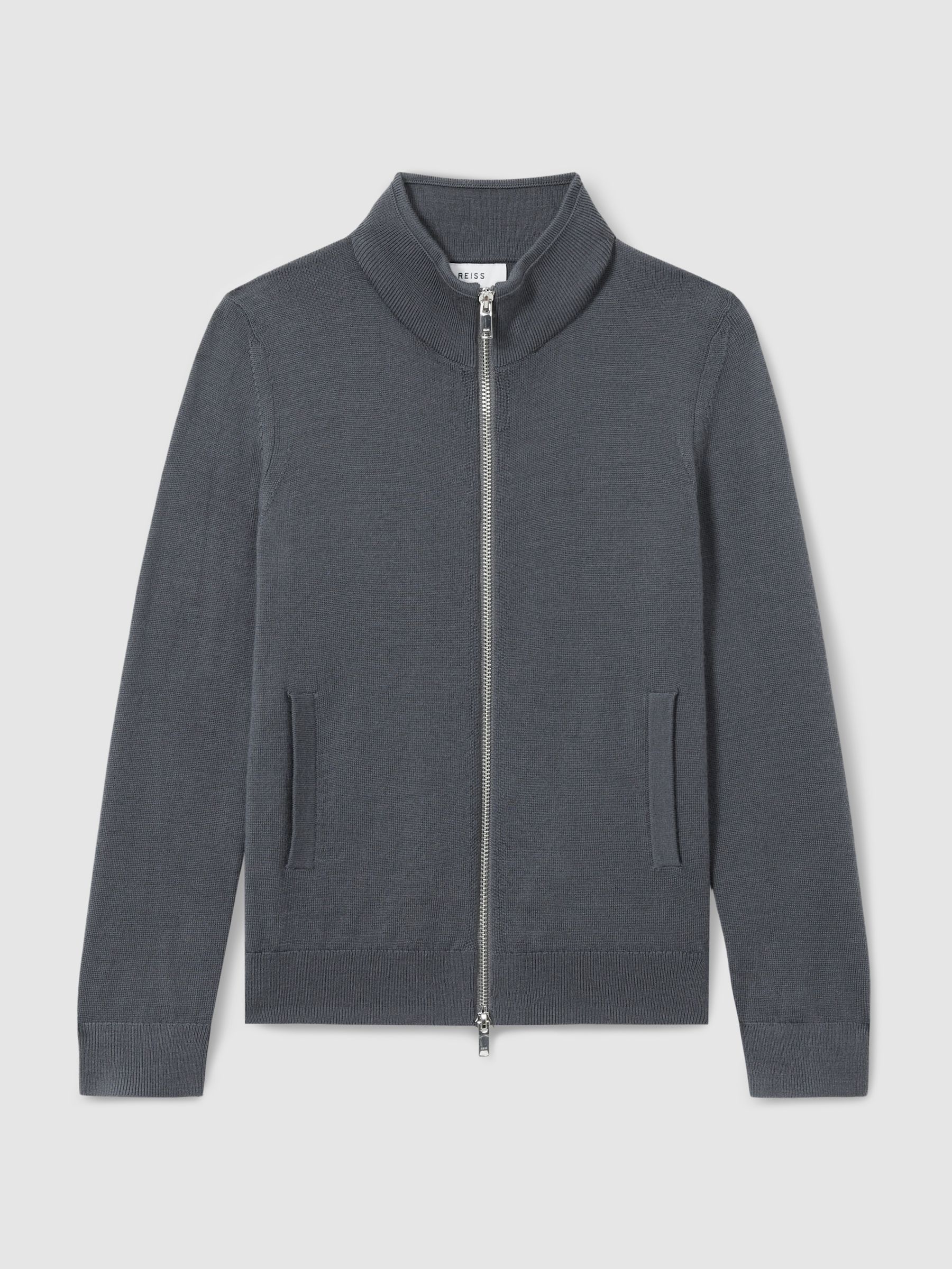 3-9 yrs Merino Wool Zip-Through Funnel-Neck Cardigan in Blackened Blue - Image 2 of 4