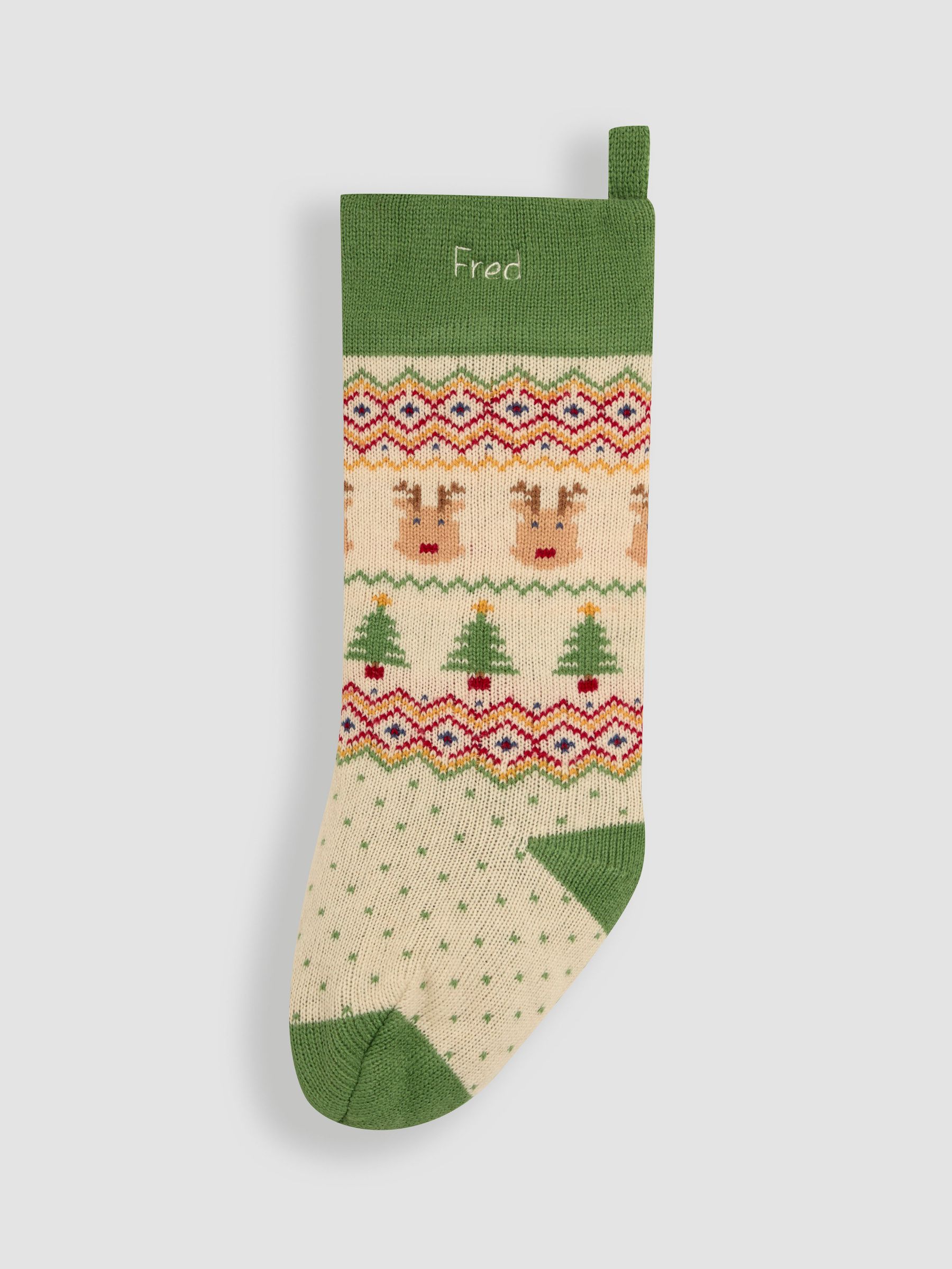 Green Personalised Green Reindeer Knitted Stocking - Image 1 of 2
