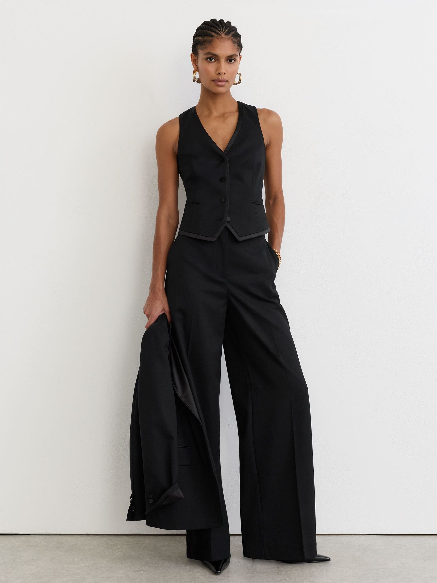Wool-Blend Tailored Tuxedo Waistcoat in Black - Image 3 of 6