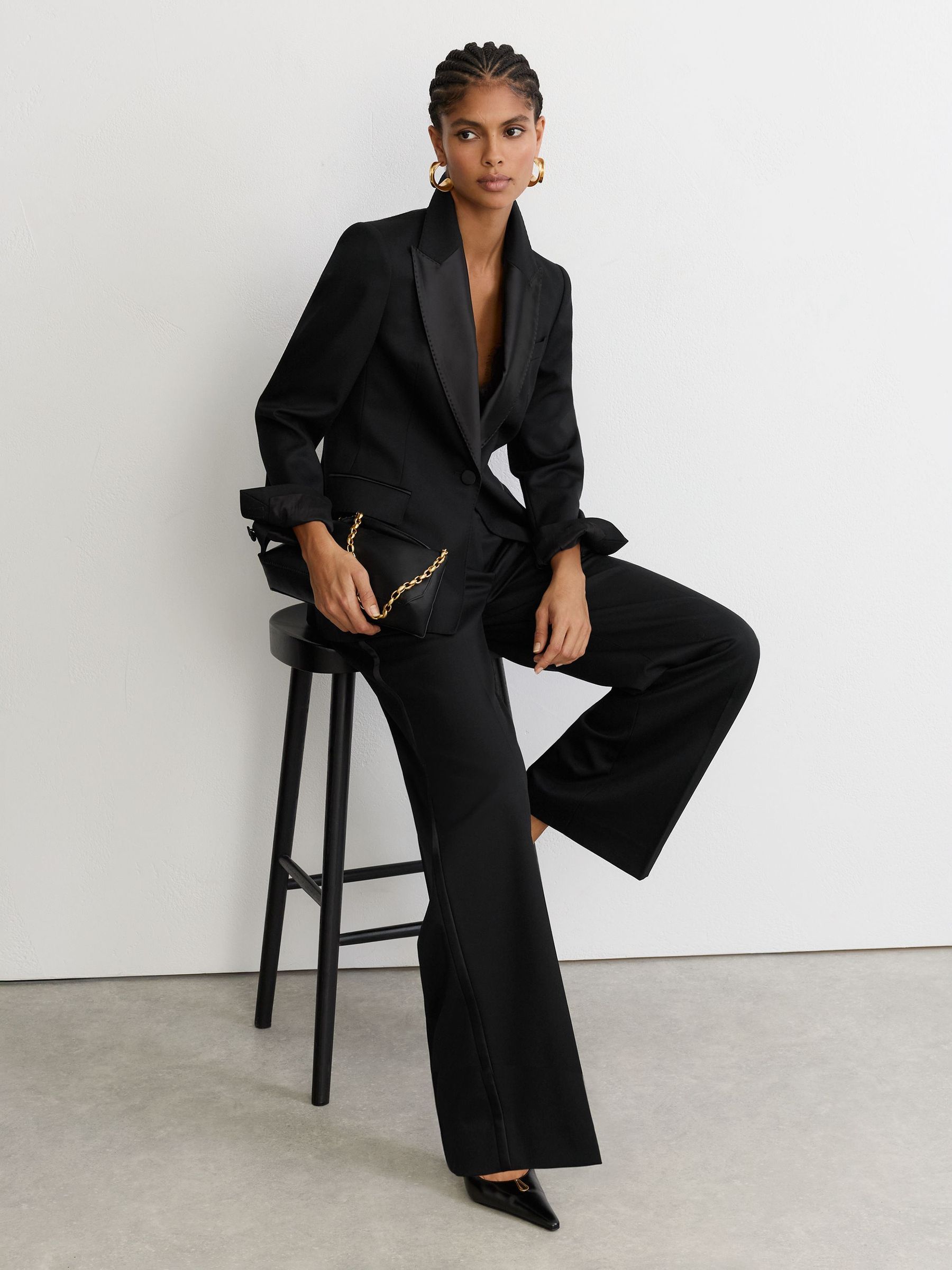 Blazer de smoking petites tailles à simple boutonnage en mélange de laine, noir - Image 1 de 9