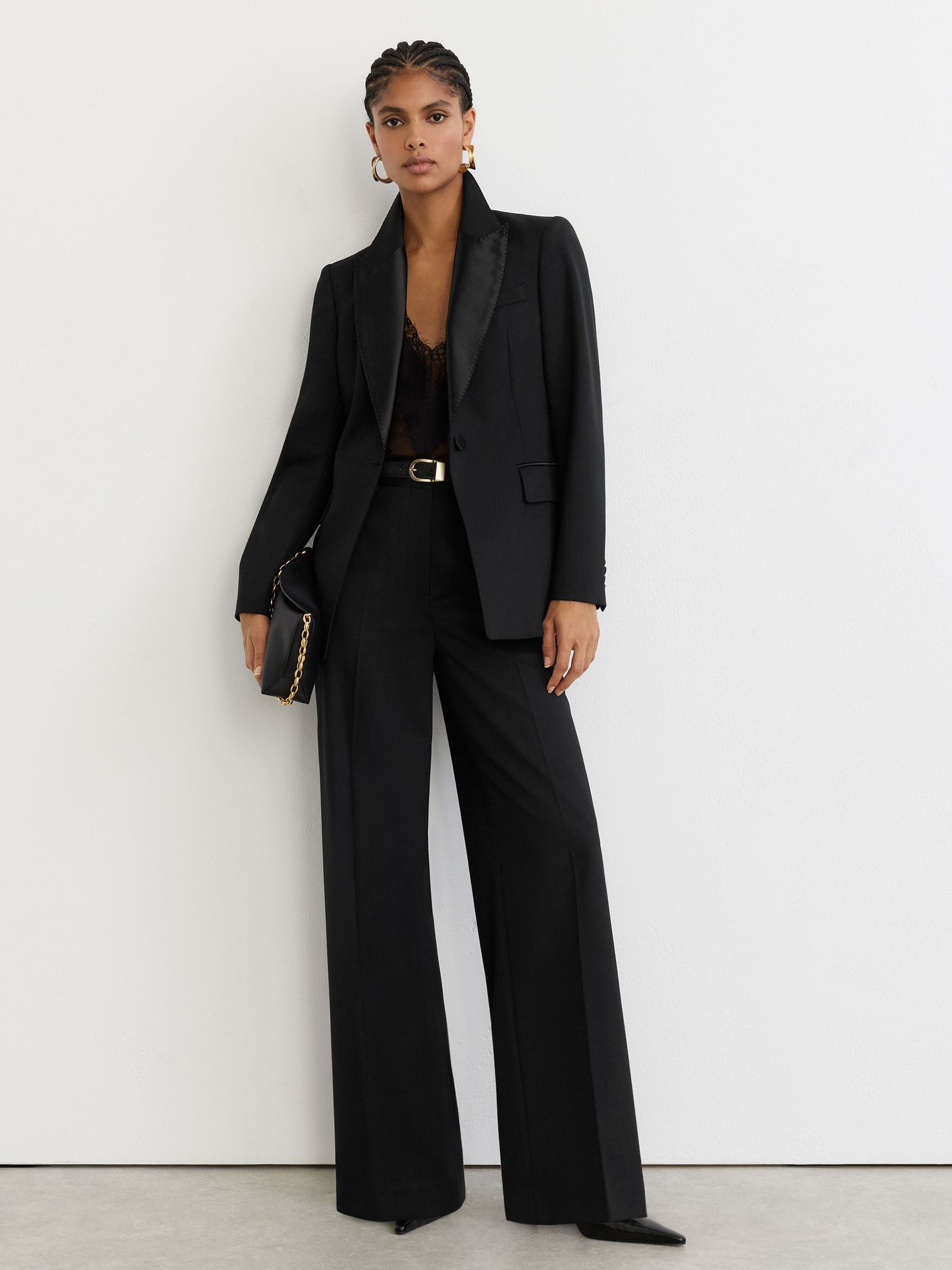 Blazer de smoking petites tailles à simple boutonnage en mélange de laine, noir - Image 3 de 9