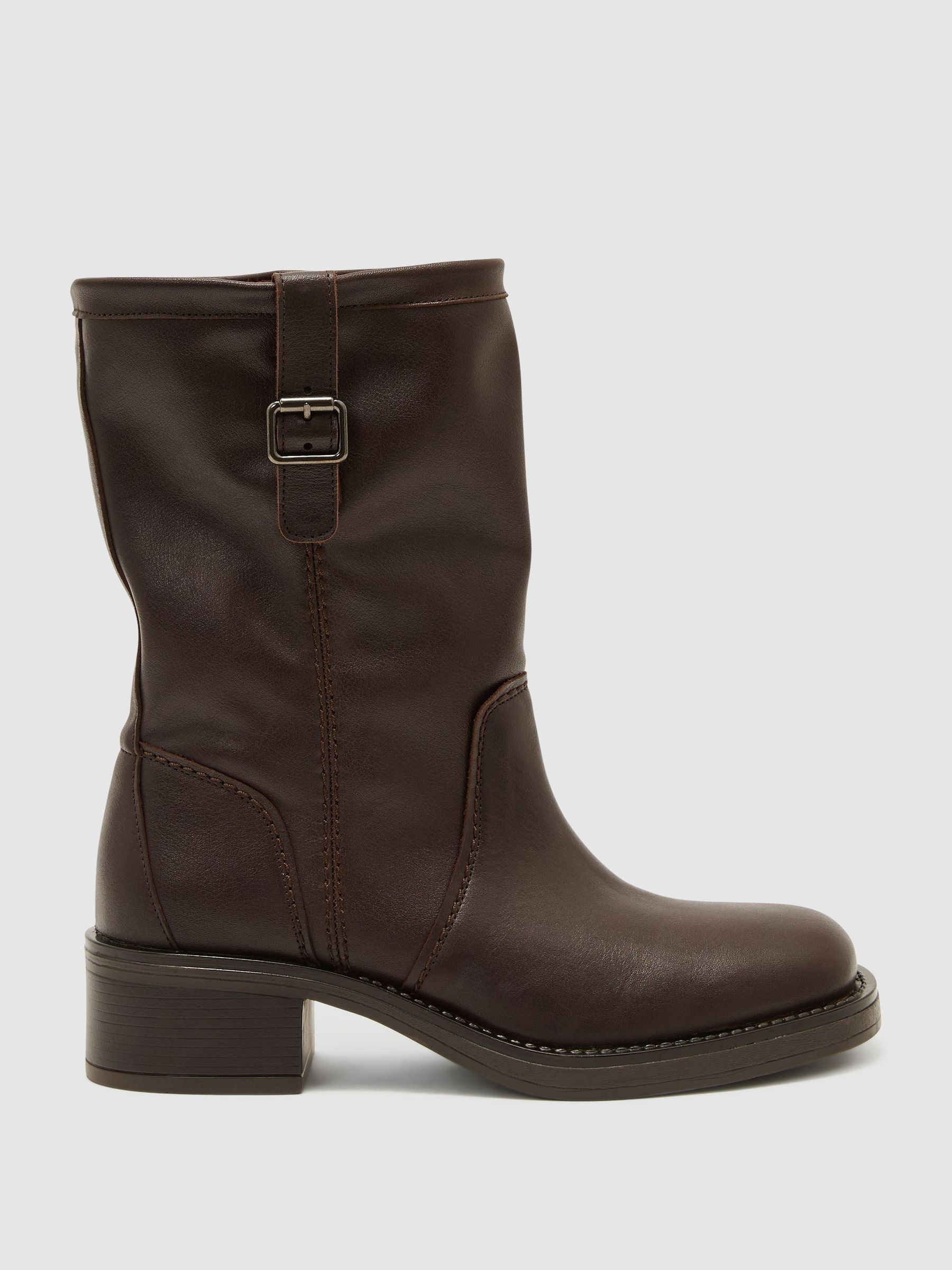 Leather Pull-On Biker Boots in Chocolate - Image 2 of 7