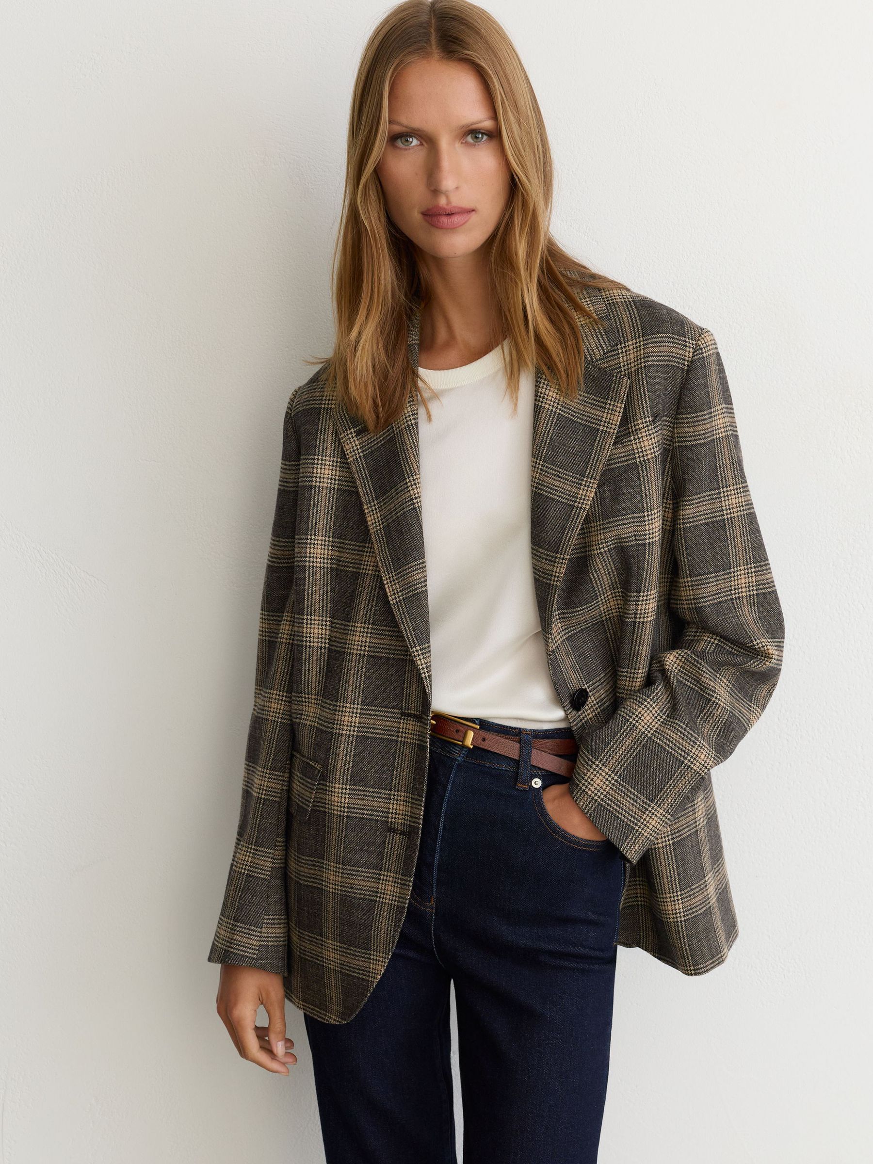 Petite Wool Check Relaxed Single-Breasted Blazer in Brown - Image 9 of 11