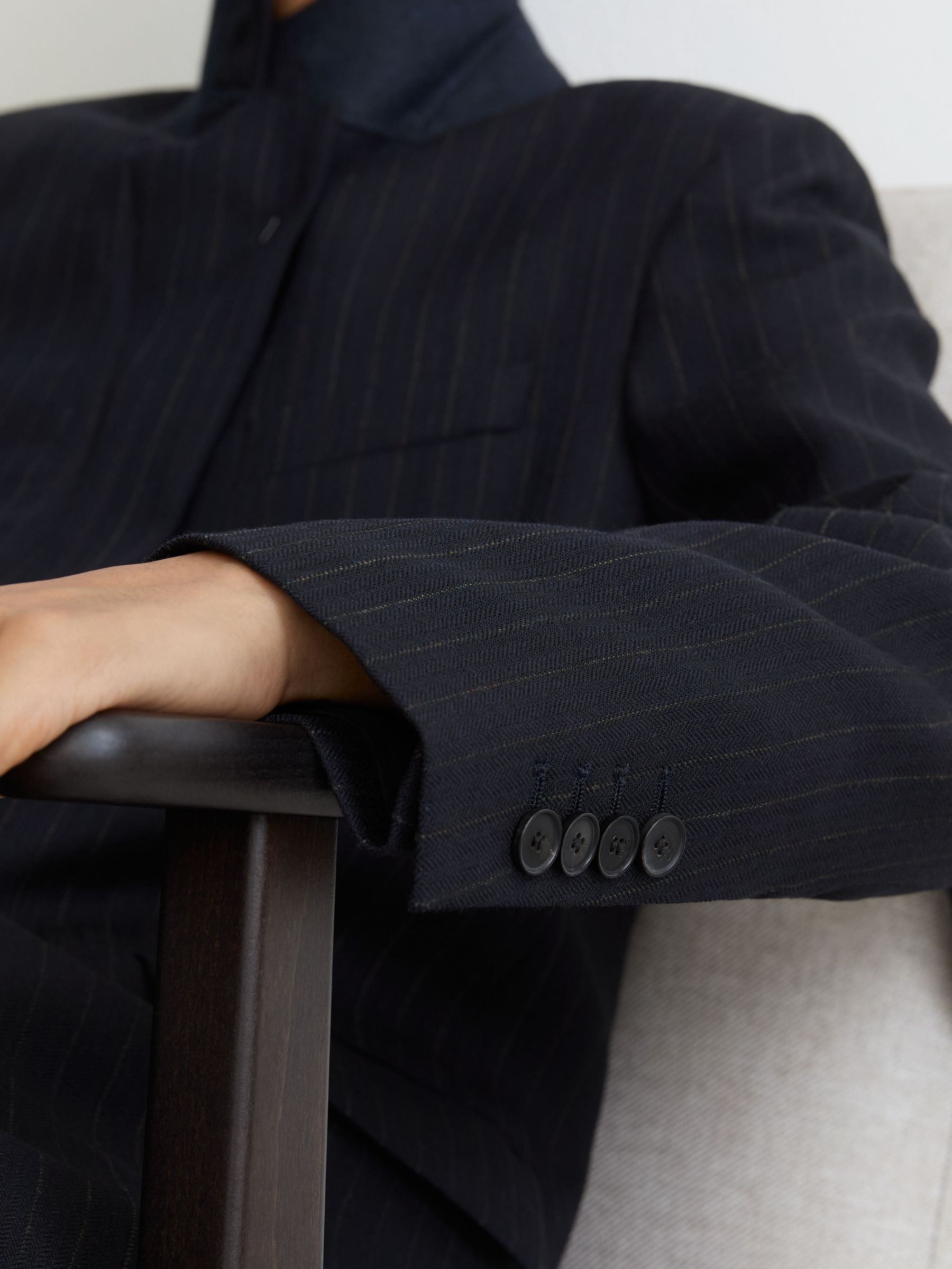 Wool Pinstripe Single-Breasted Suit Blazer Relaxed-Fit in Navy - Image 7 of 8