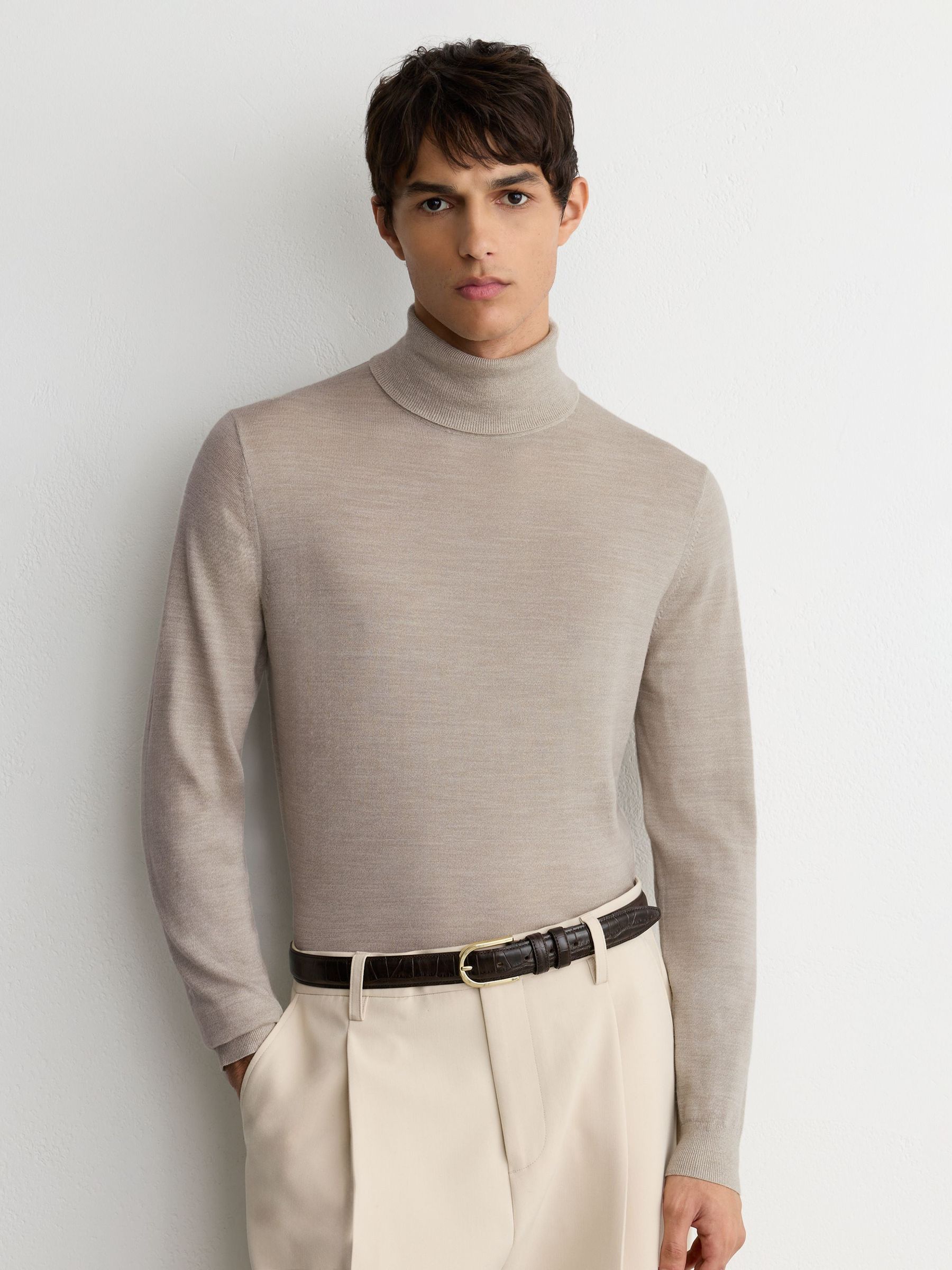 Merino Wool Roll-Neck Jumper in Stone Mouline - Image 1 of 7