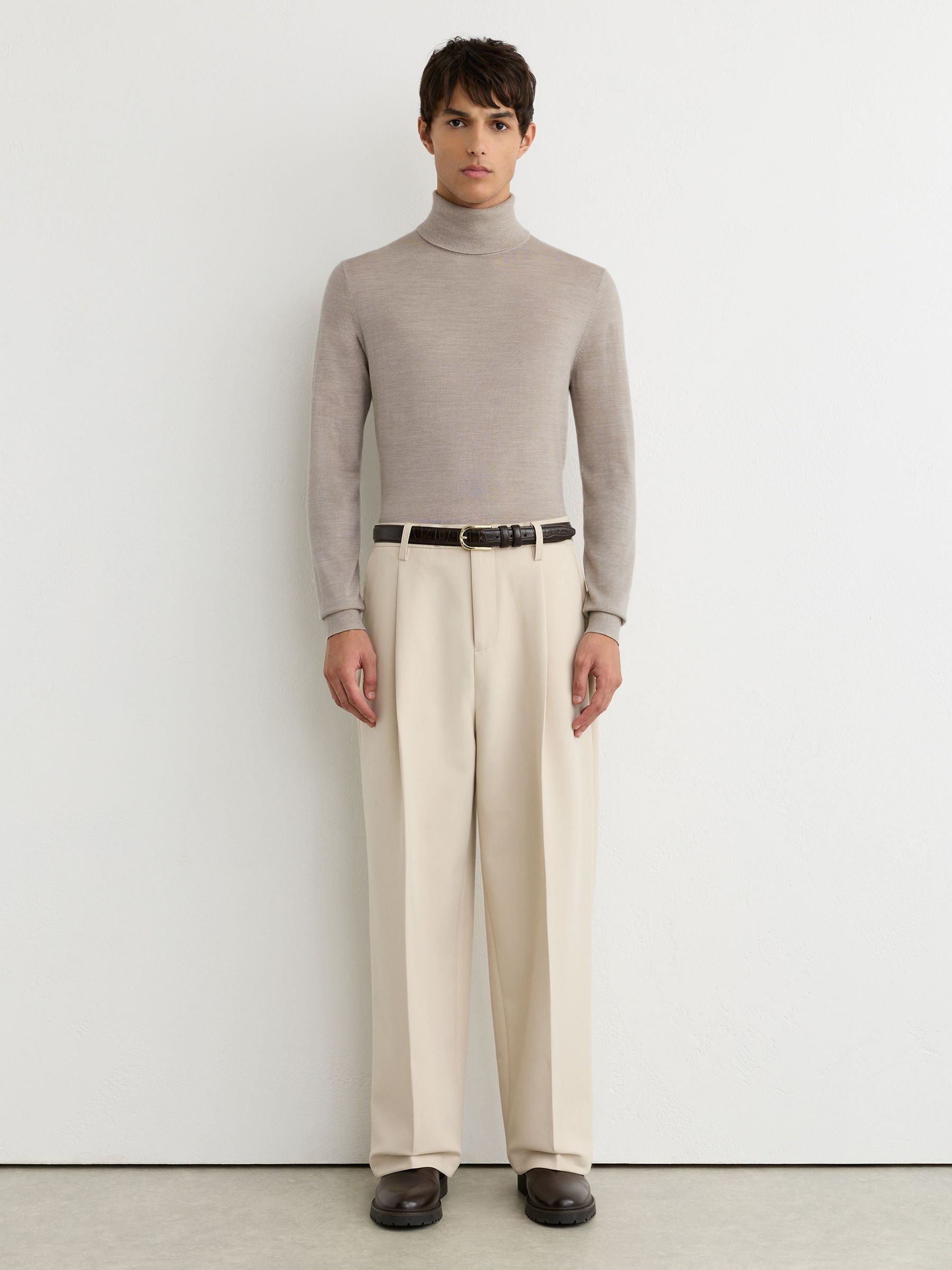 Merino Wool Roll-Neck Jumper in Stone Mouline - Image 4 of 7