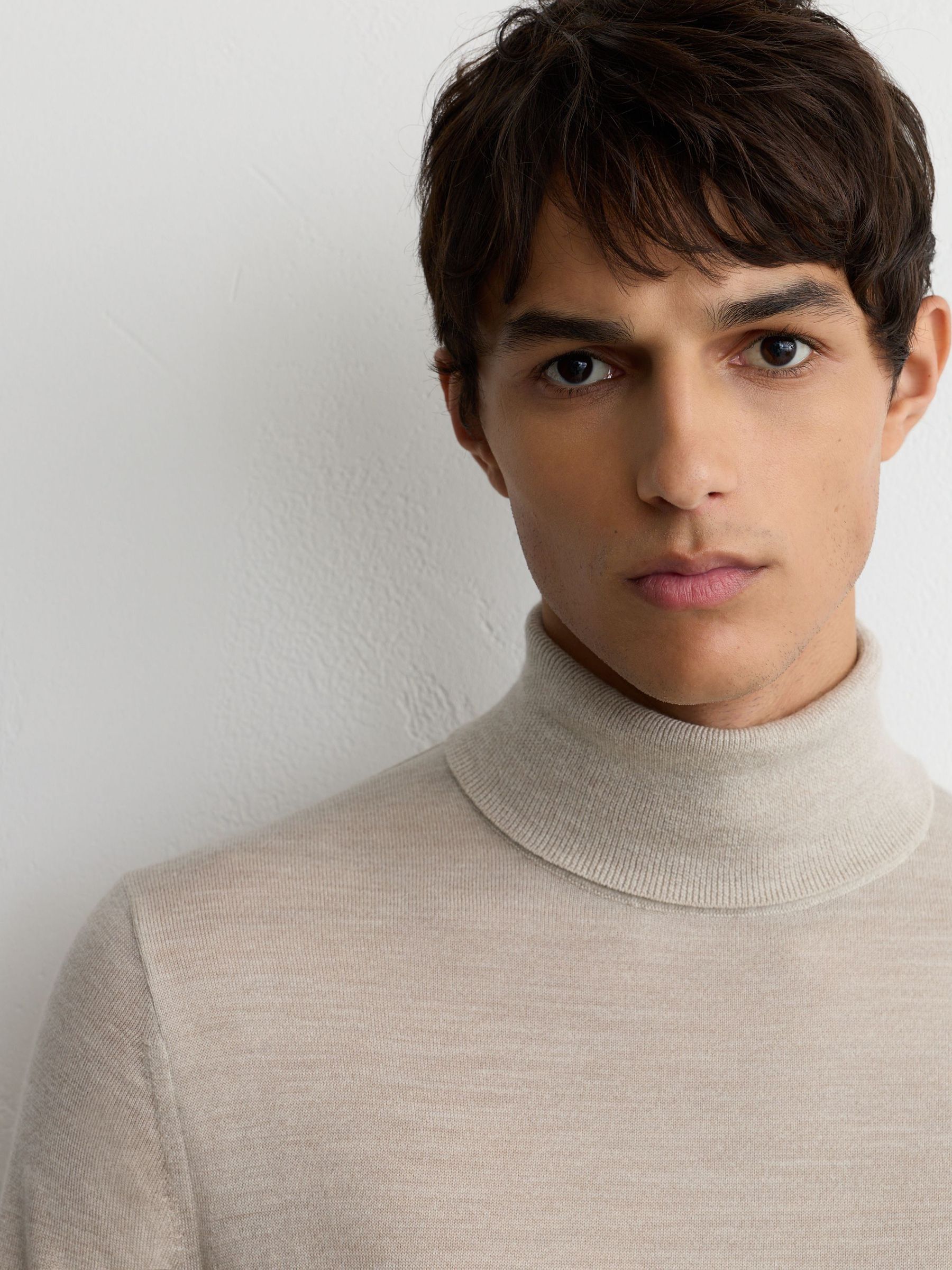 Merino Wool Roll-Neck Jumper in Stone Mouline - Image 5 of 7