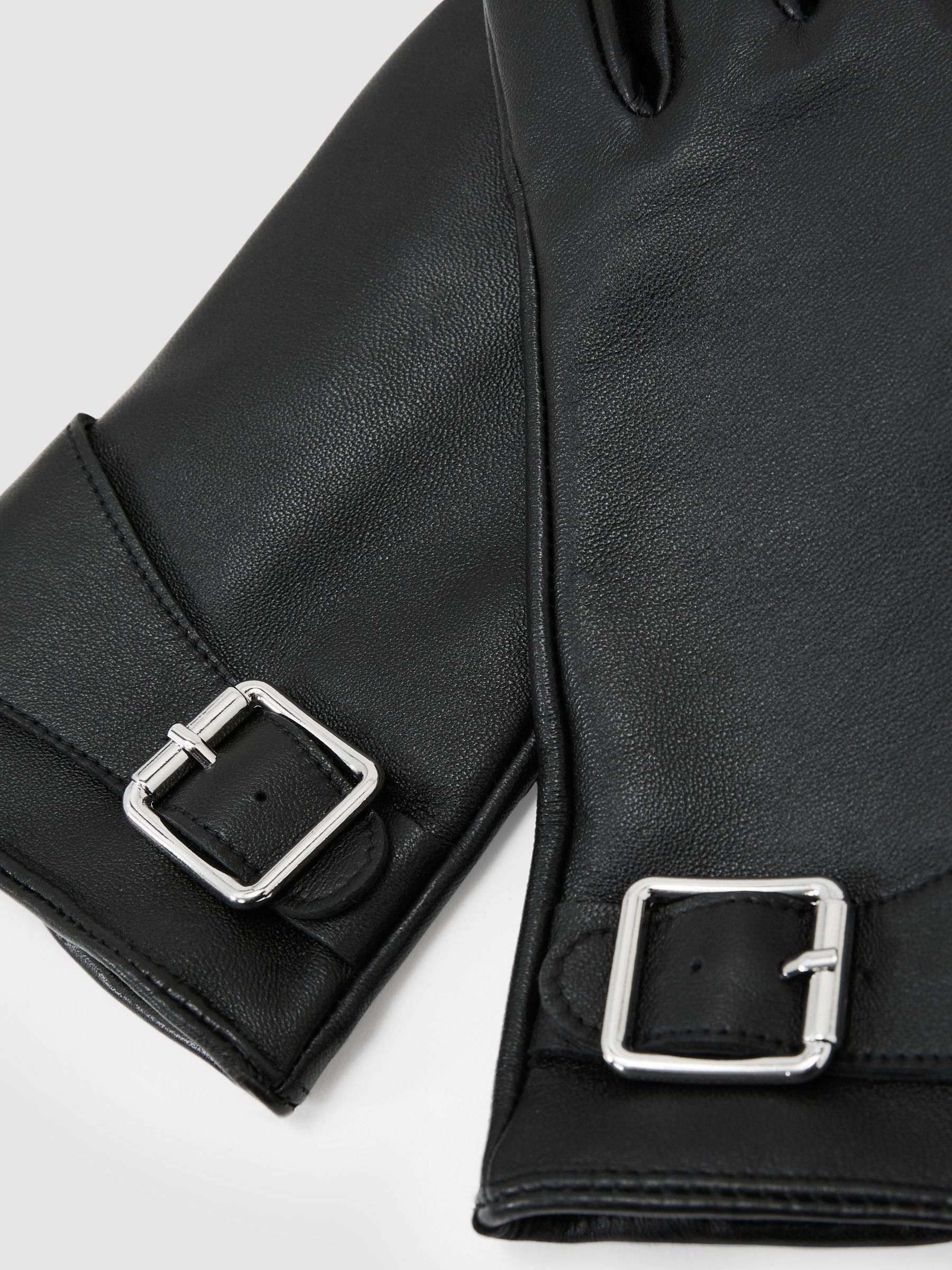 Leather Buckle-Strap Gloves in Black - Image 3 of 3