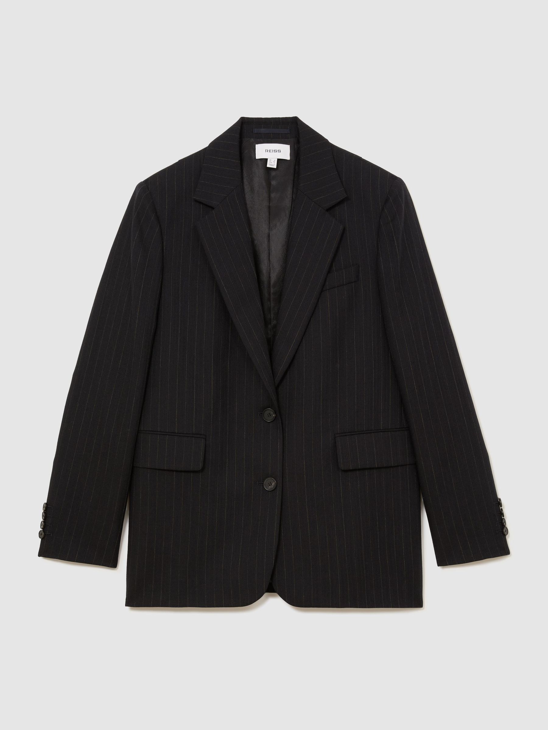 Petite Wool Pinstripe Single-Breasted Suit Blazer Relaxed-Fit in Navy - Image 2 of 9