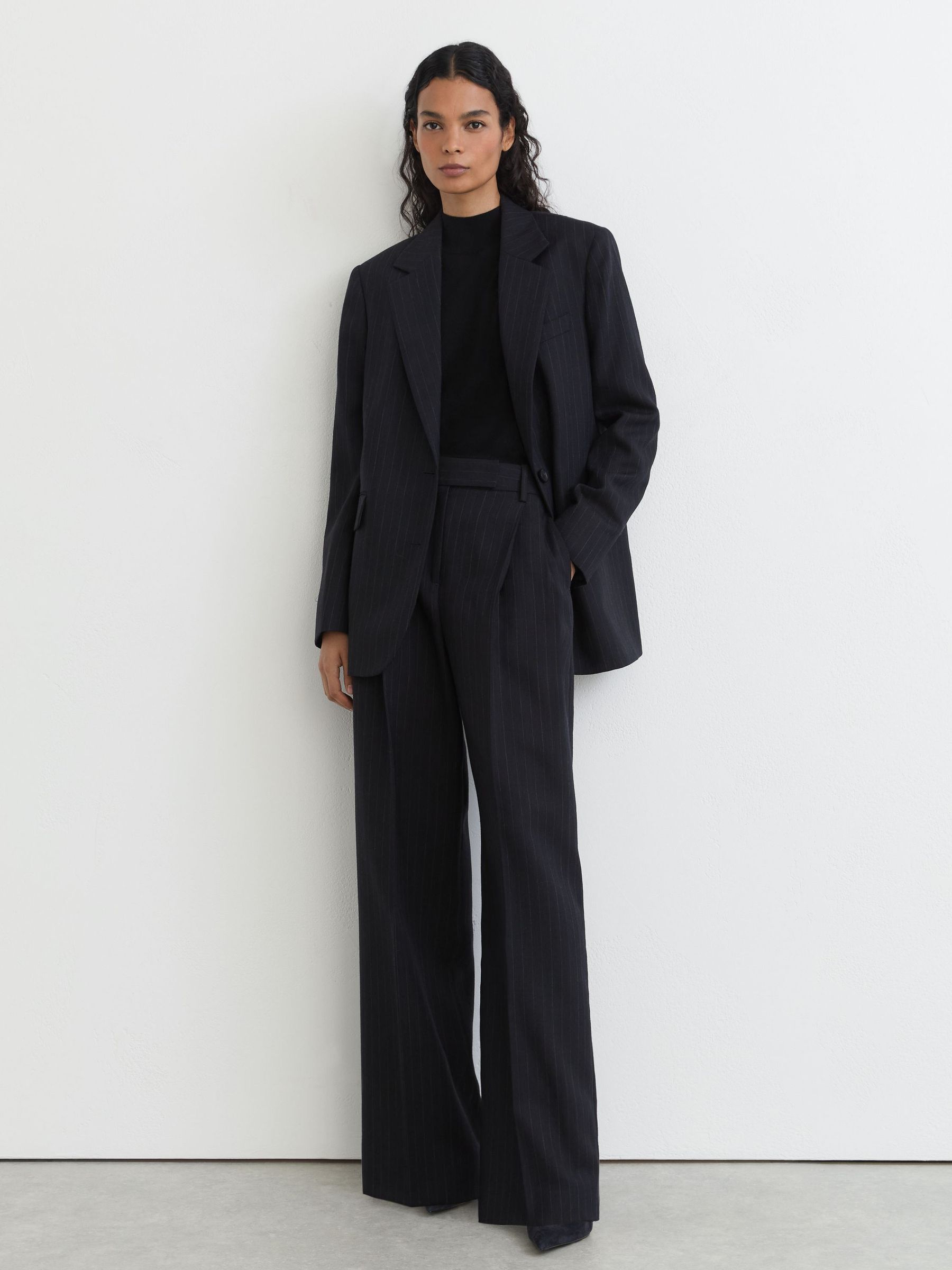 Petite Wool Pinstripe Wide-Leg Suit Trousers in Navy - Image 1 of 10 Petite Wool Pinstripe Wide-Leg Suit Trousers in Navy - Image 1 of 10