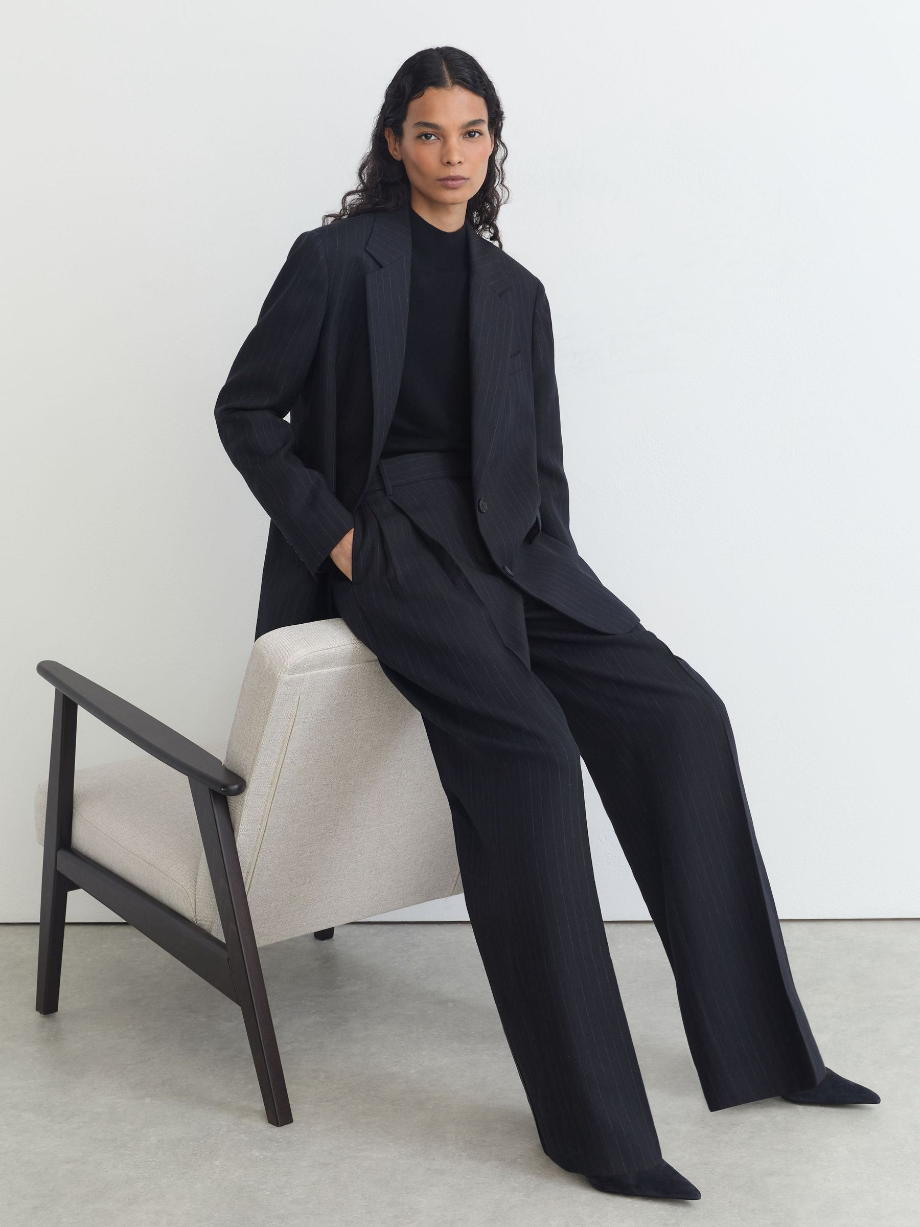 Petite Wool Pinstripe Wide-Leg Suit Trousers in Navy - Image 8 of 10