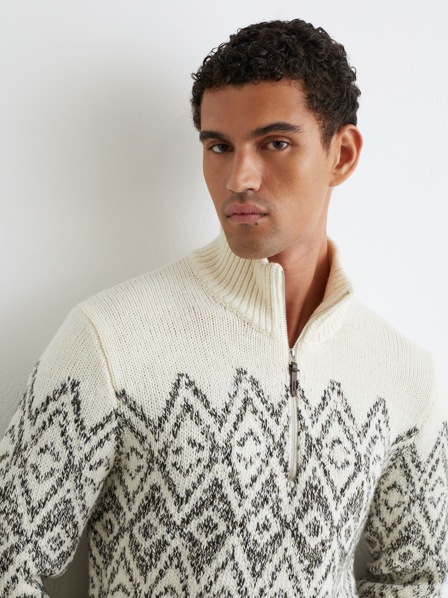 Cotton and Wool Fairisle Half-Zip Jumper in White/Green - Image 1 of 7