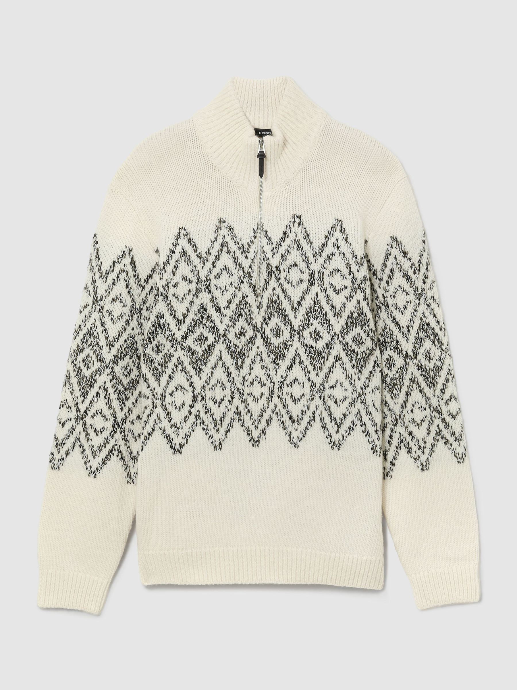 Cotton and Wool Fairisle Half-Zip Jumper in White/Green - Image 2 of 7 Cotton and Wool Fairisle Half-Zip Jumper in White/Green - Image 2 of 7