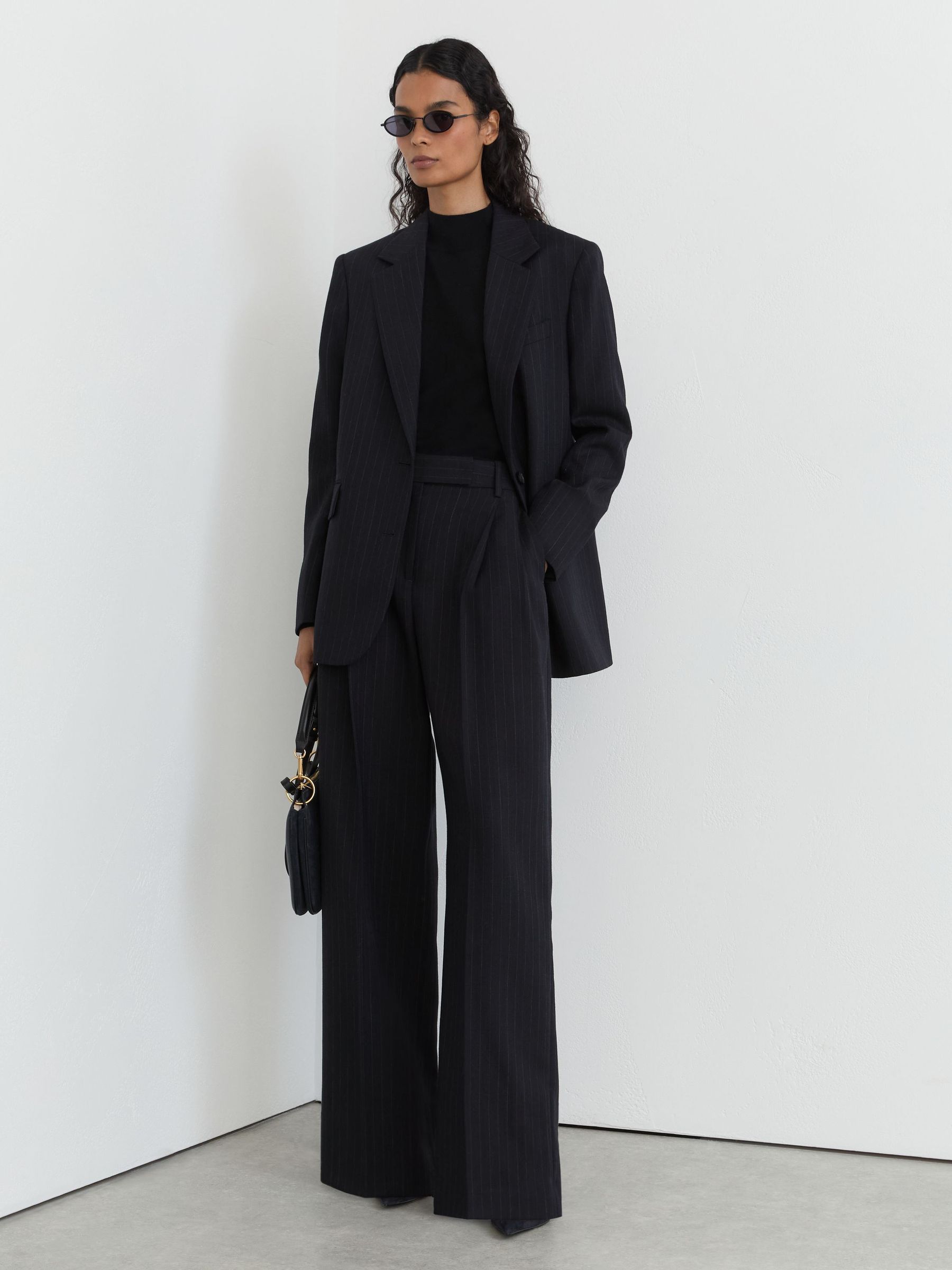 Wool Pinstripe Wide-Leg Suit Trousers in Navy - Image 1 of 9