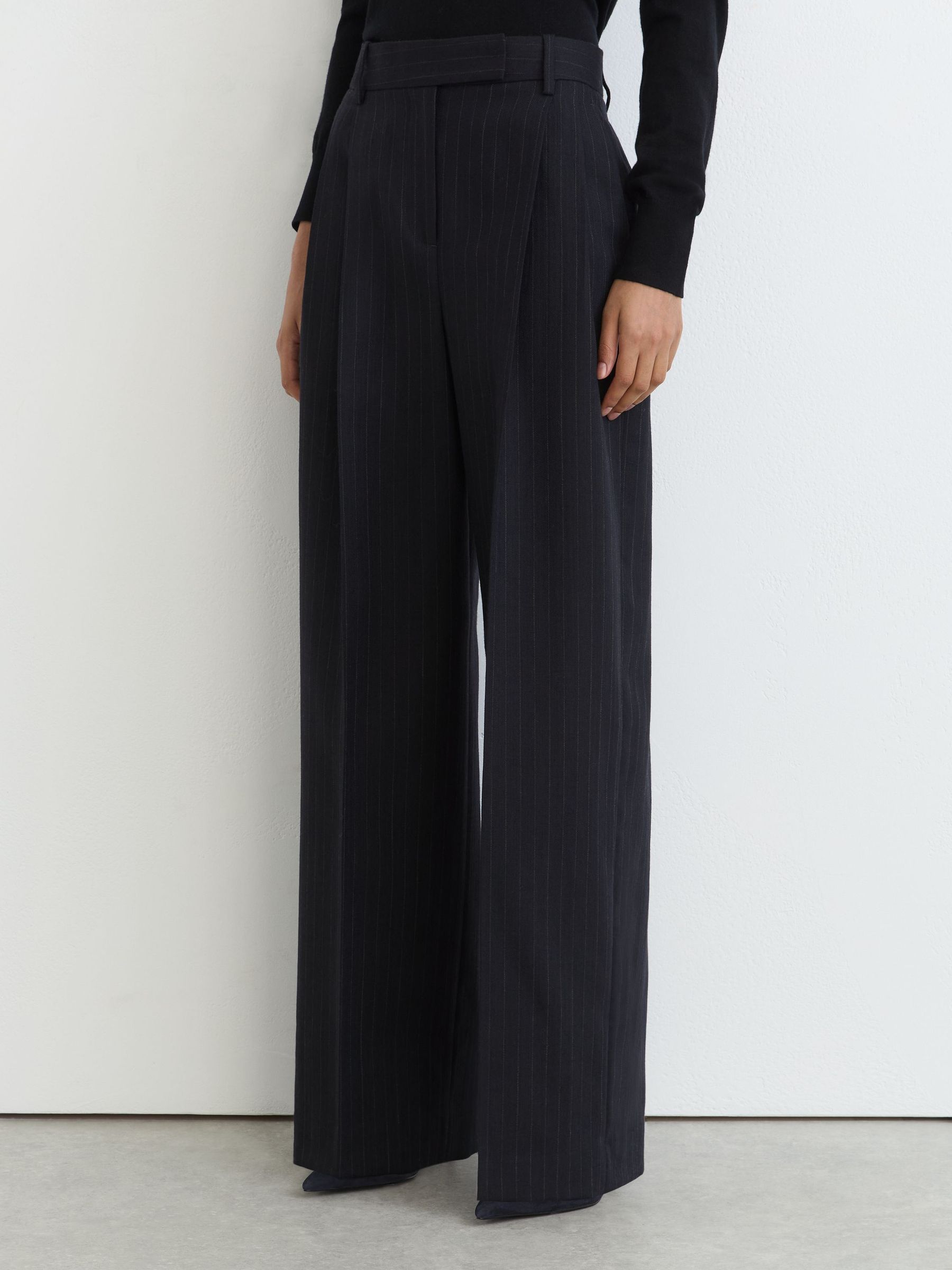 Wool Pinstripe Wide-Leg Suit Trousers in Navy - Image 3 of 9