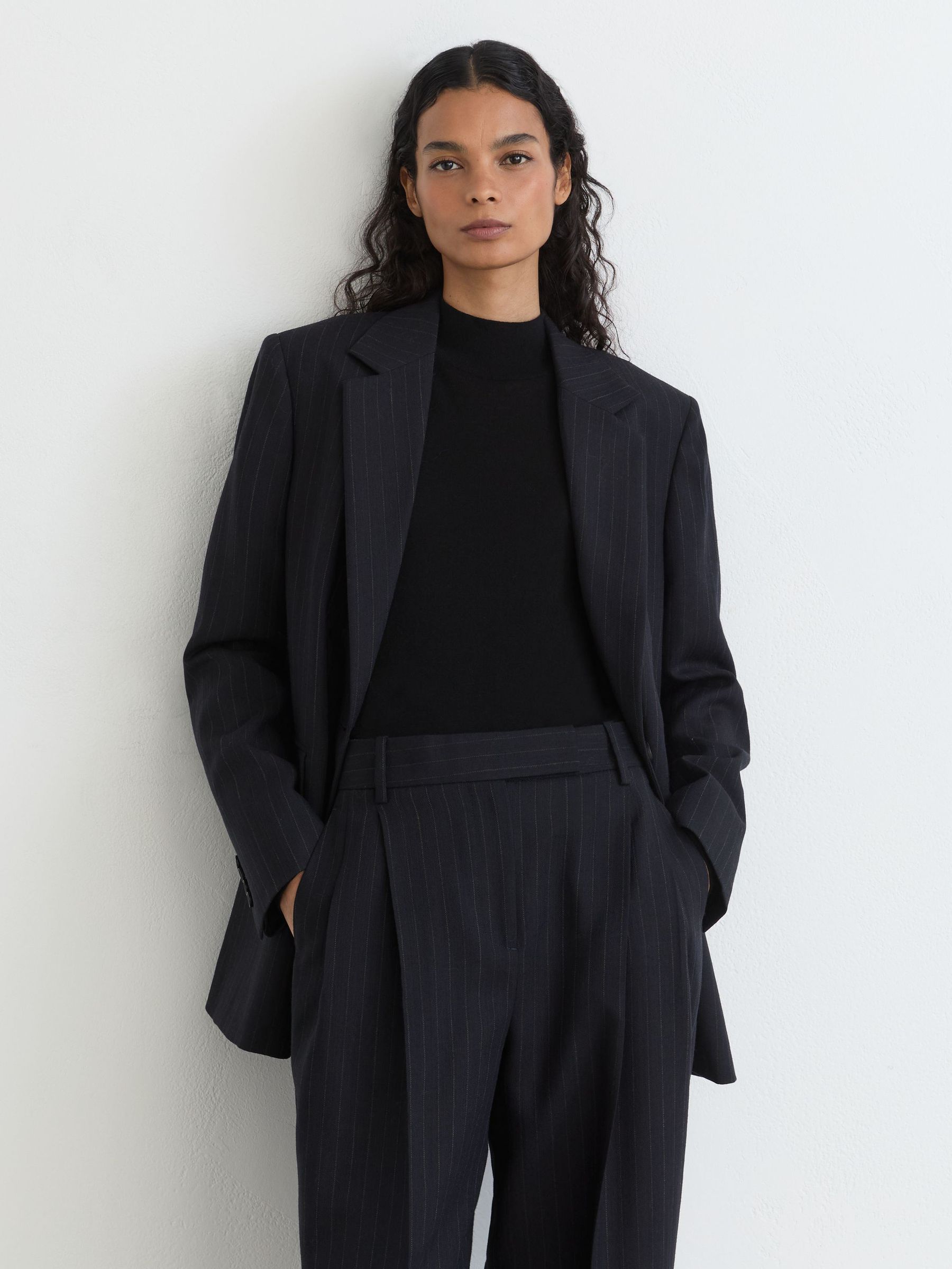 Wool Pinstripe Wide-Leg Suit Trousers in Navy - Image 5 of 9