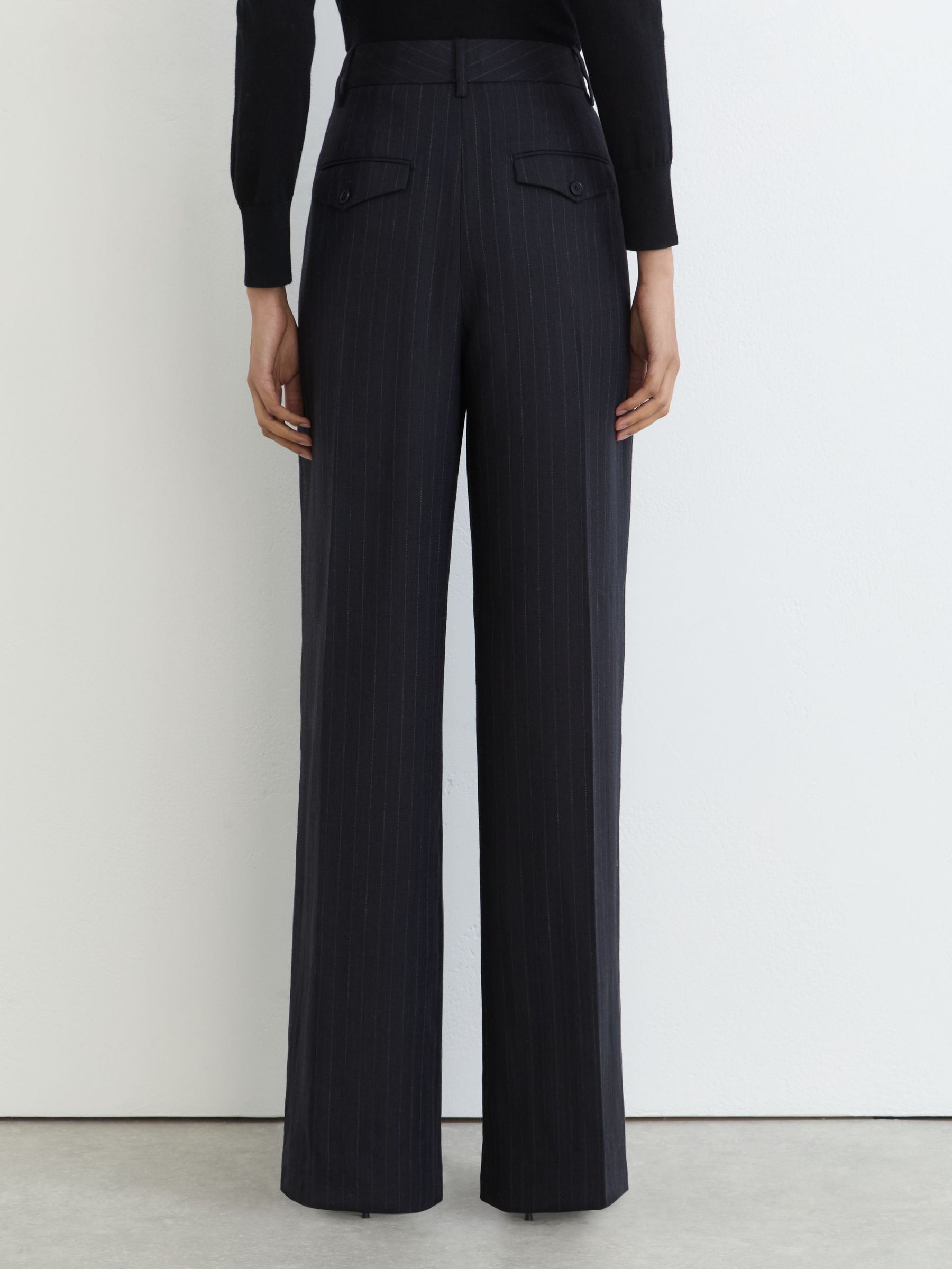 Wool Pinstripe Wide-Leg Suit Trousers in Navy - Image 7 of 9