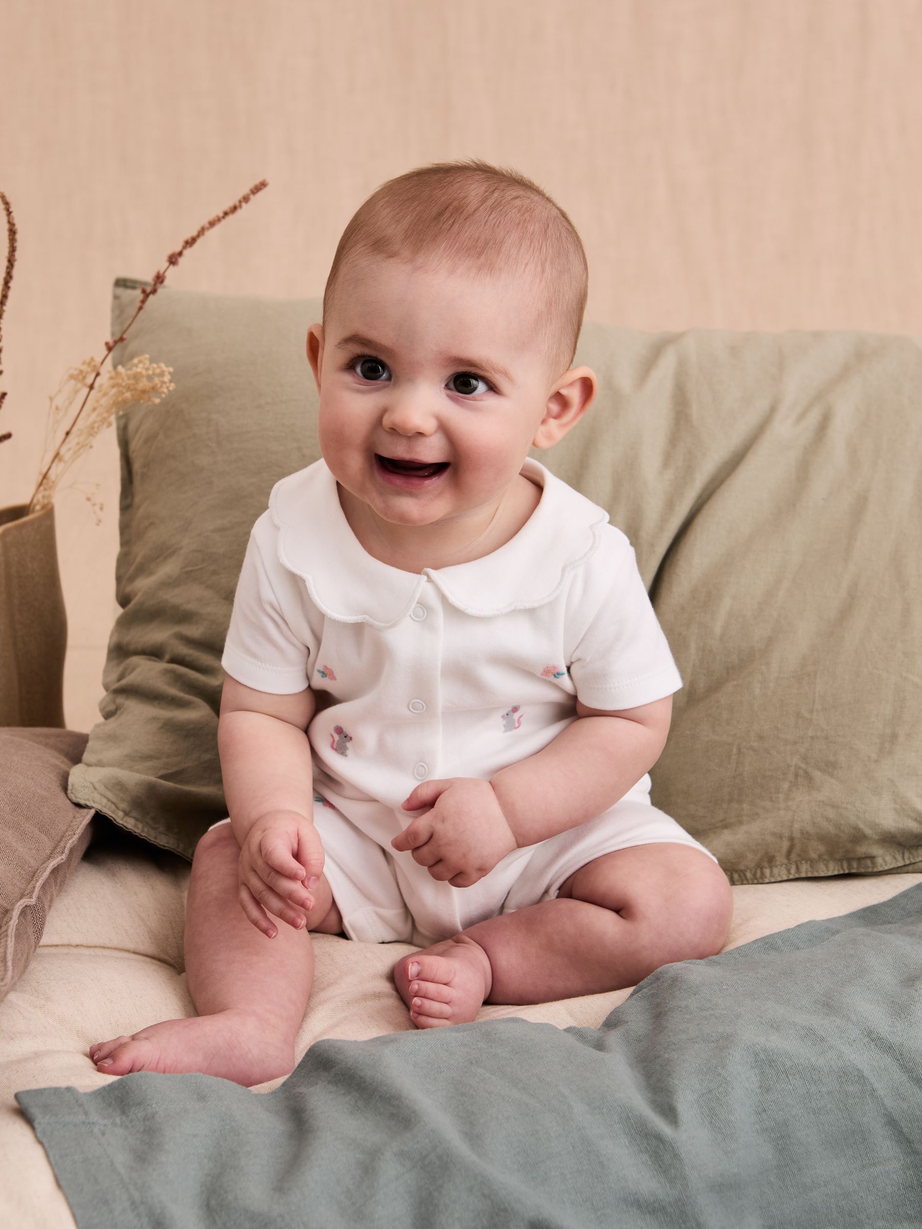 White Cotton Short Sleeve Embroidered Romper - Image 1 of 7