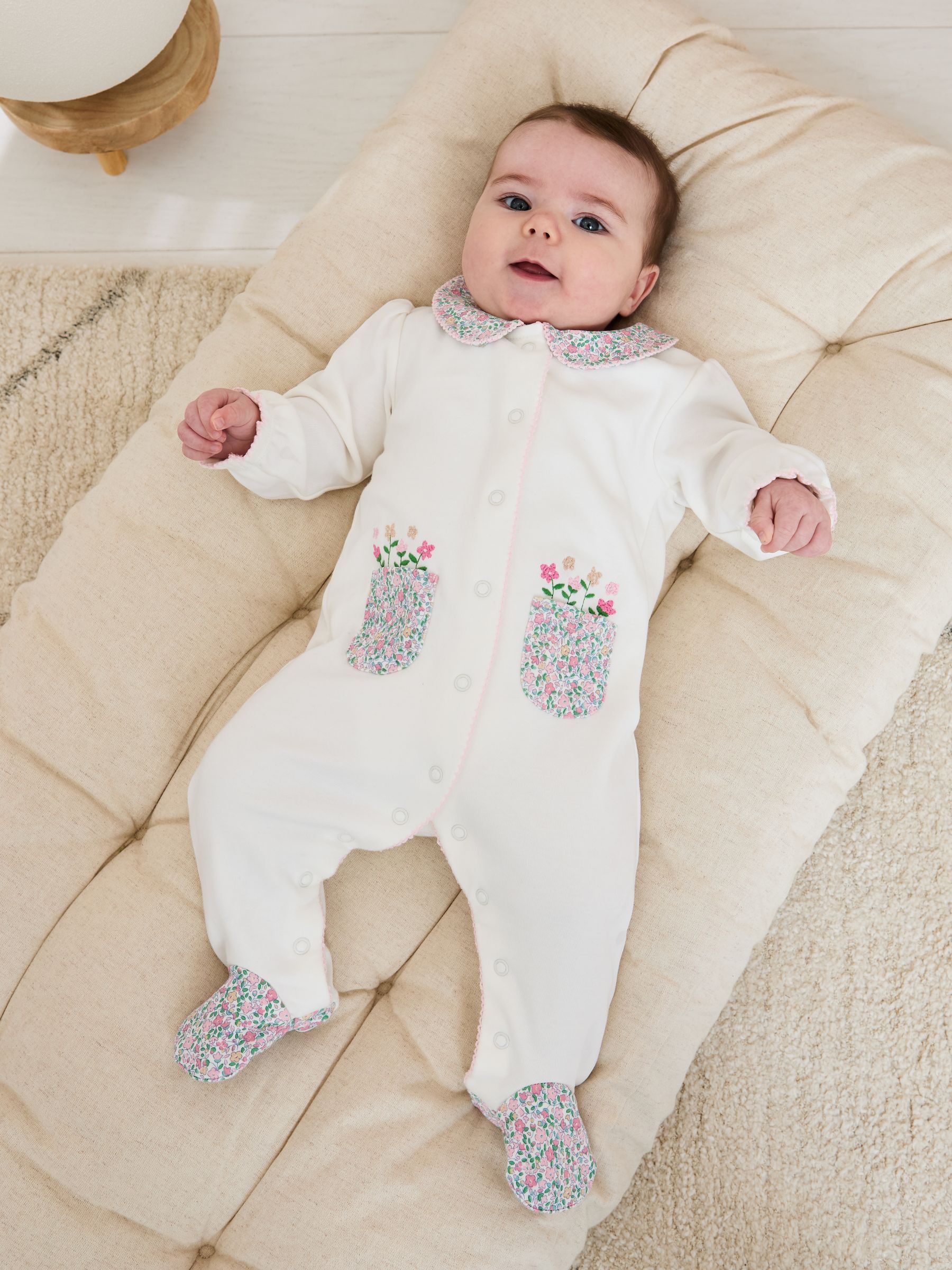 Cream Footed Collar 100% Cotton Embroidered Sleepsuit - Image 1 of 6