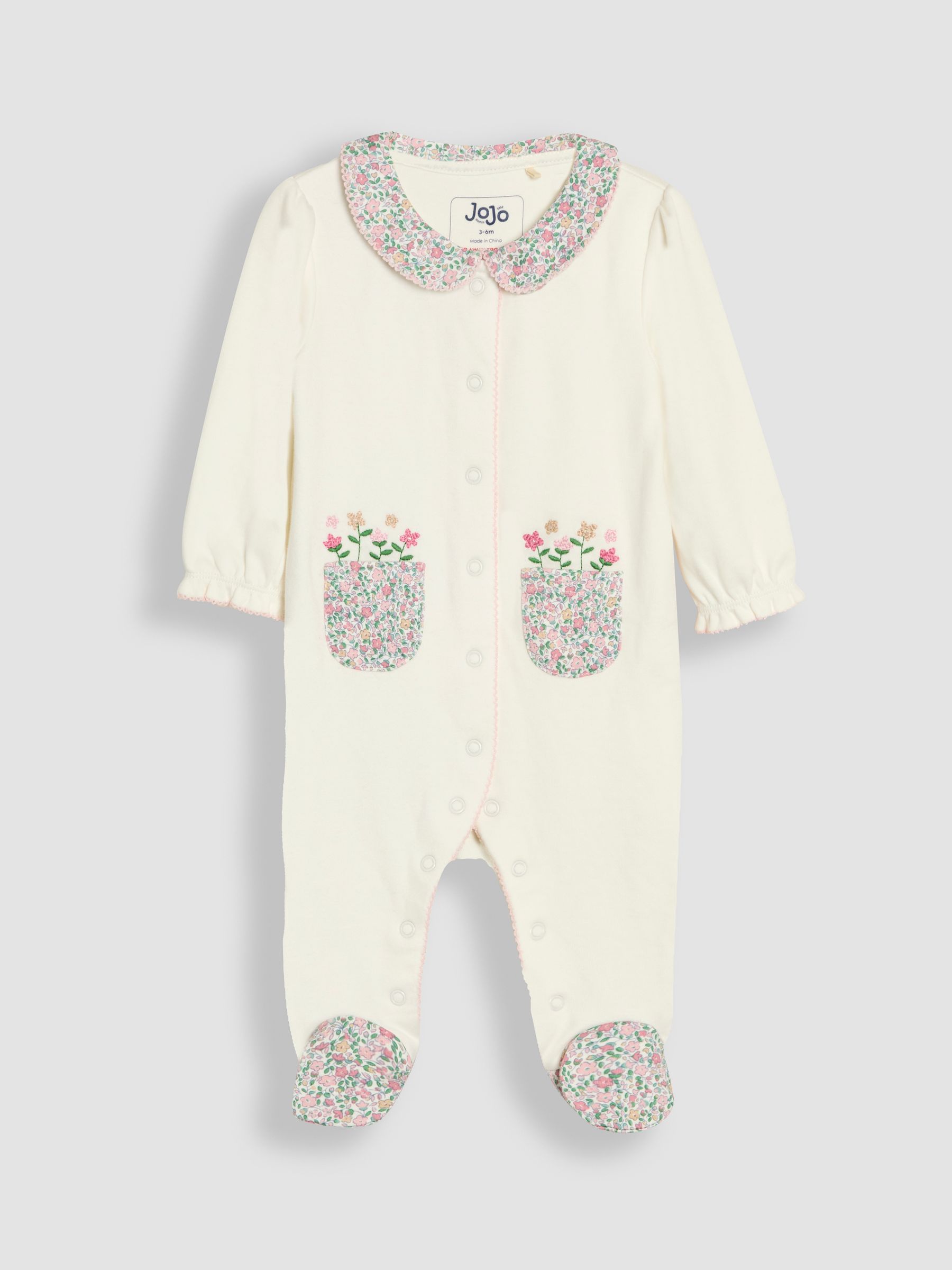 Cream Footed Collar 100% Cotton Embroidered Sleepsuit - Image 4 of 6