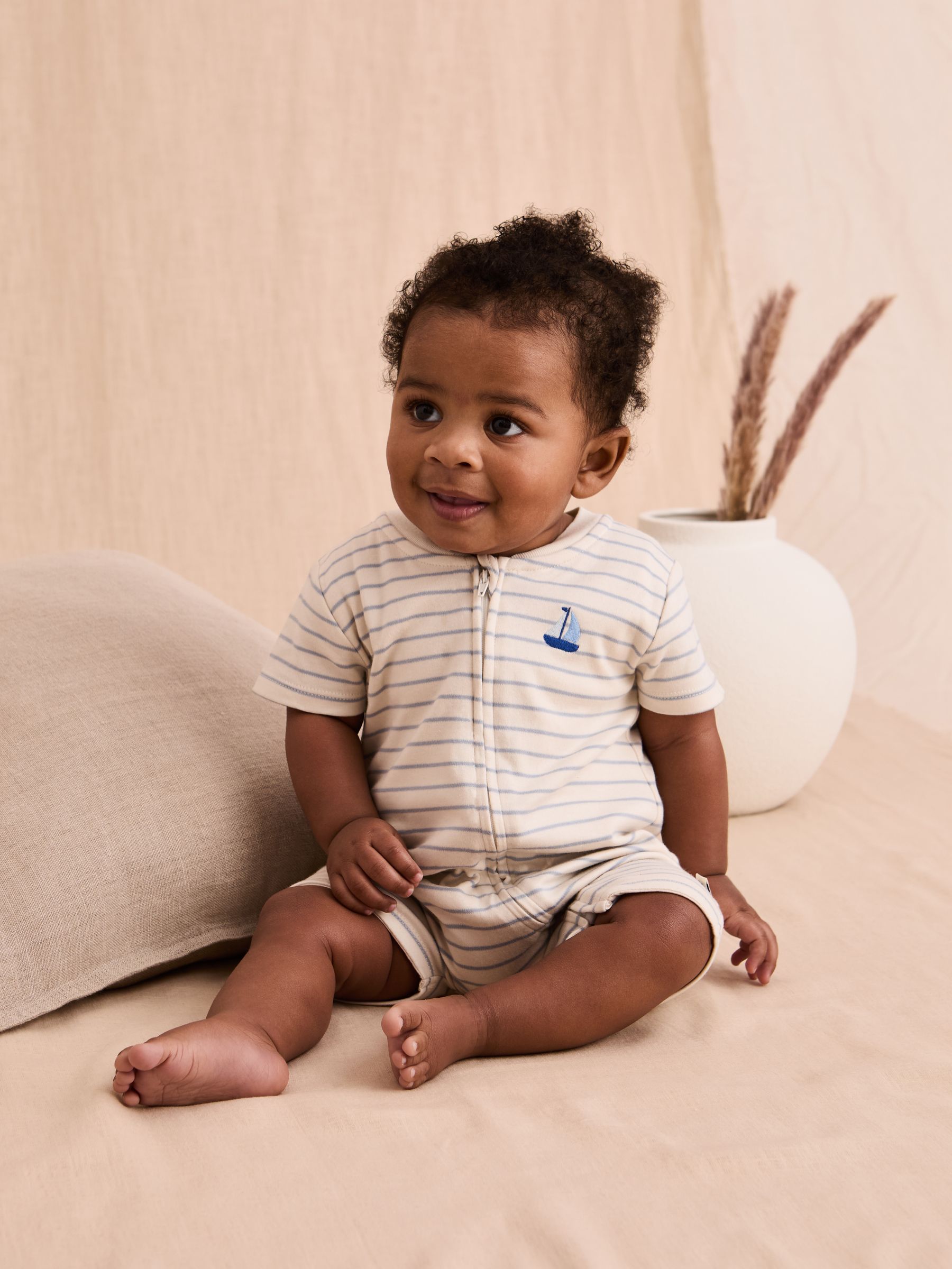 Cream Cotton Short-Sleeved Stripe Romper - Image 1 of 6