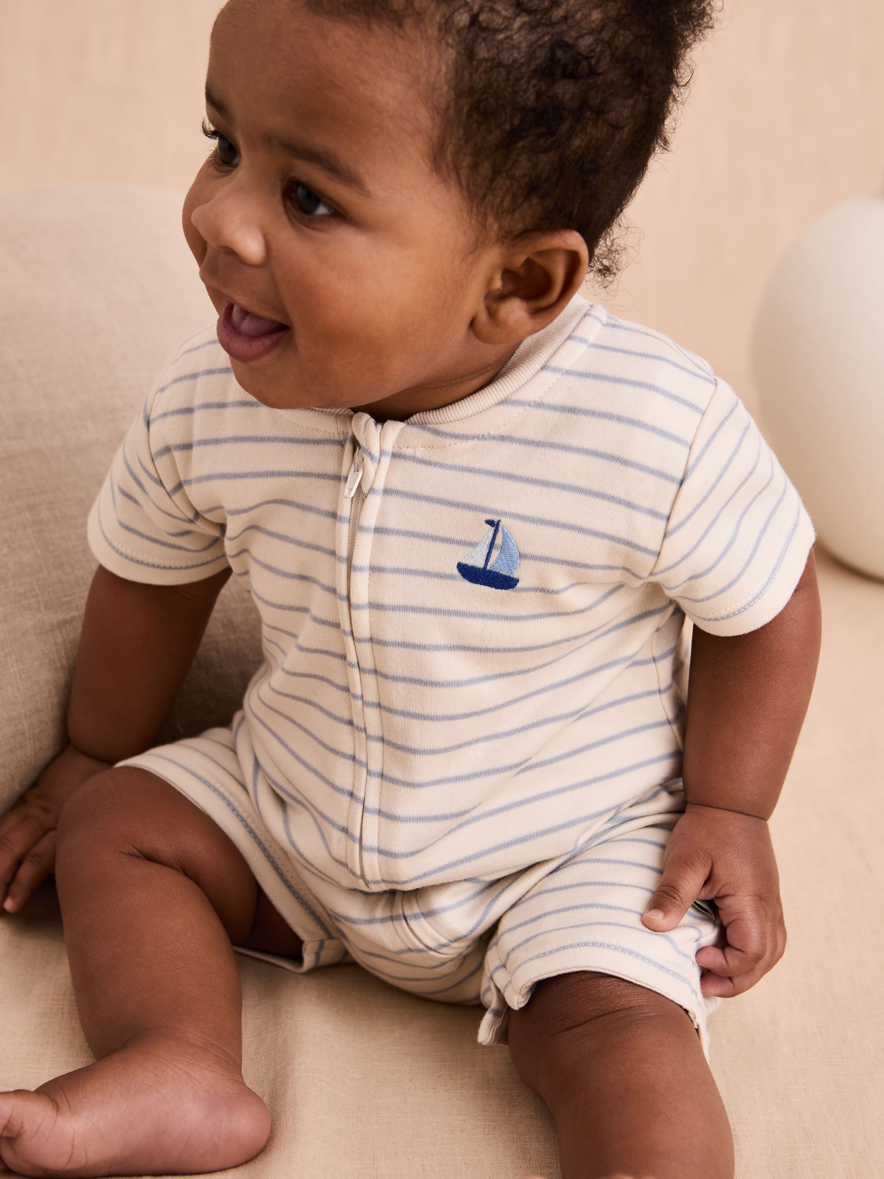 Cream Cotton Short-Sleeved Stripe Romper - Image 2 of 6