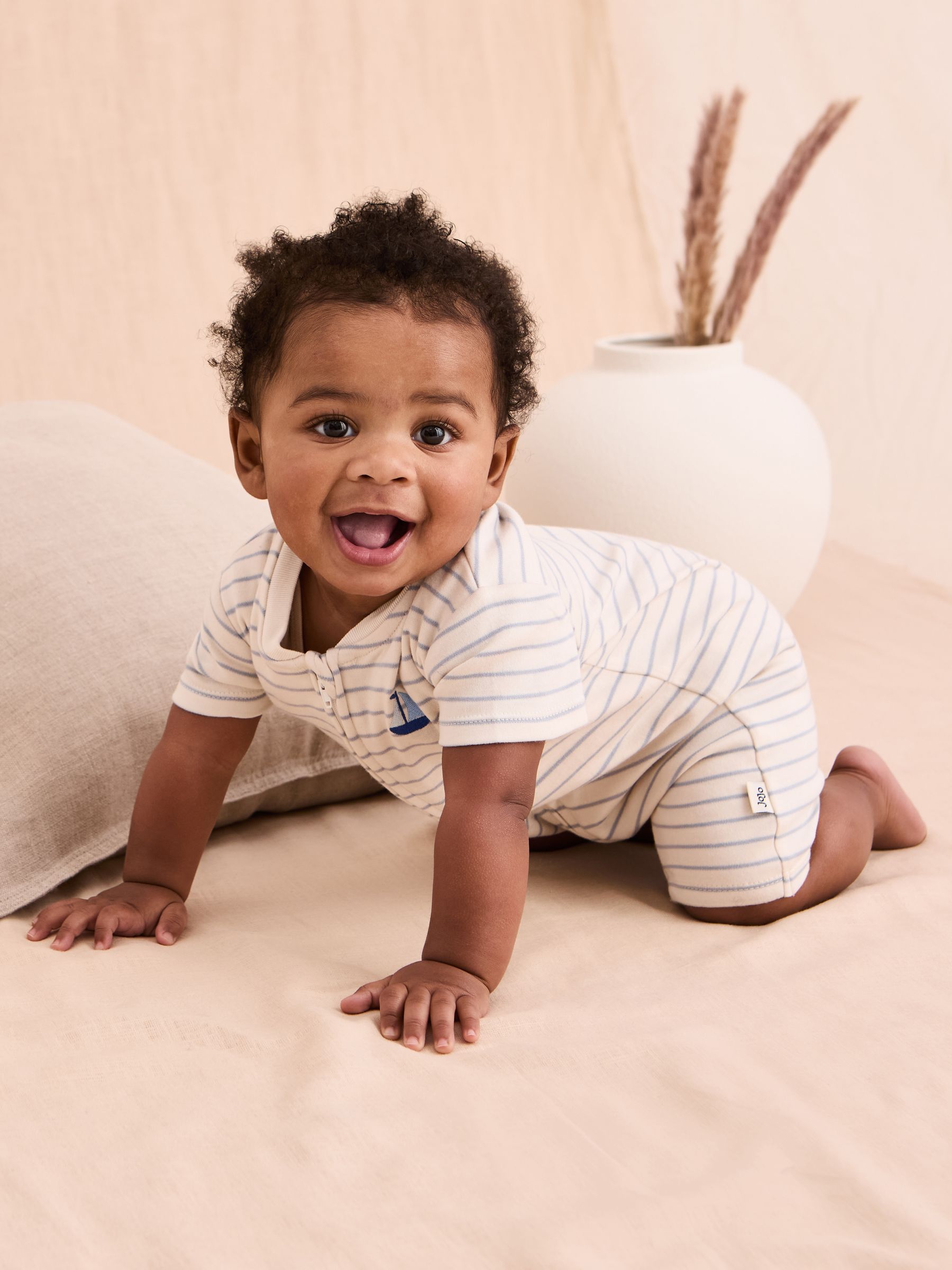 Cream Cotton Short-Sleeved Stripe Romper - Image 4 of 6