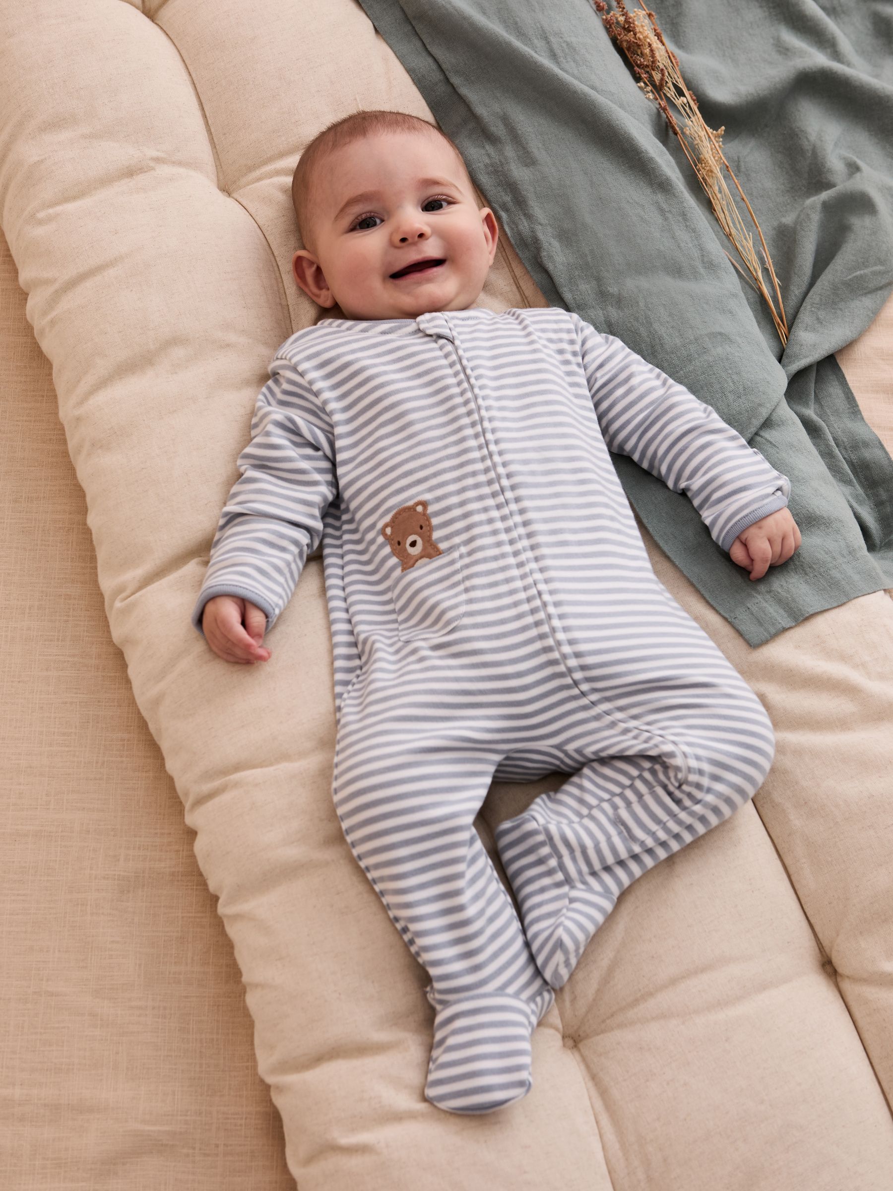Blue 100% Organic Cotton Bear Embroidered Sleepsuit - Image 1 of 7