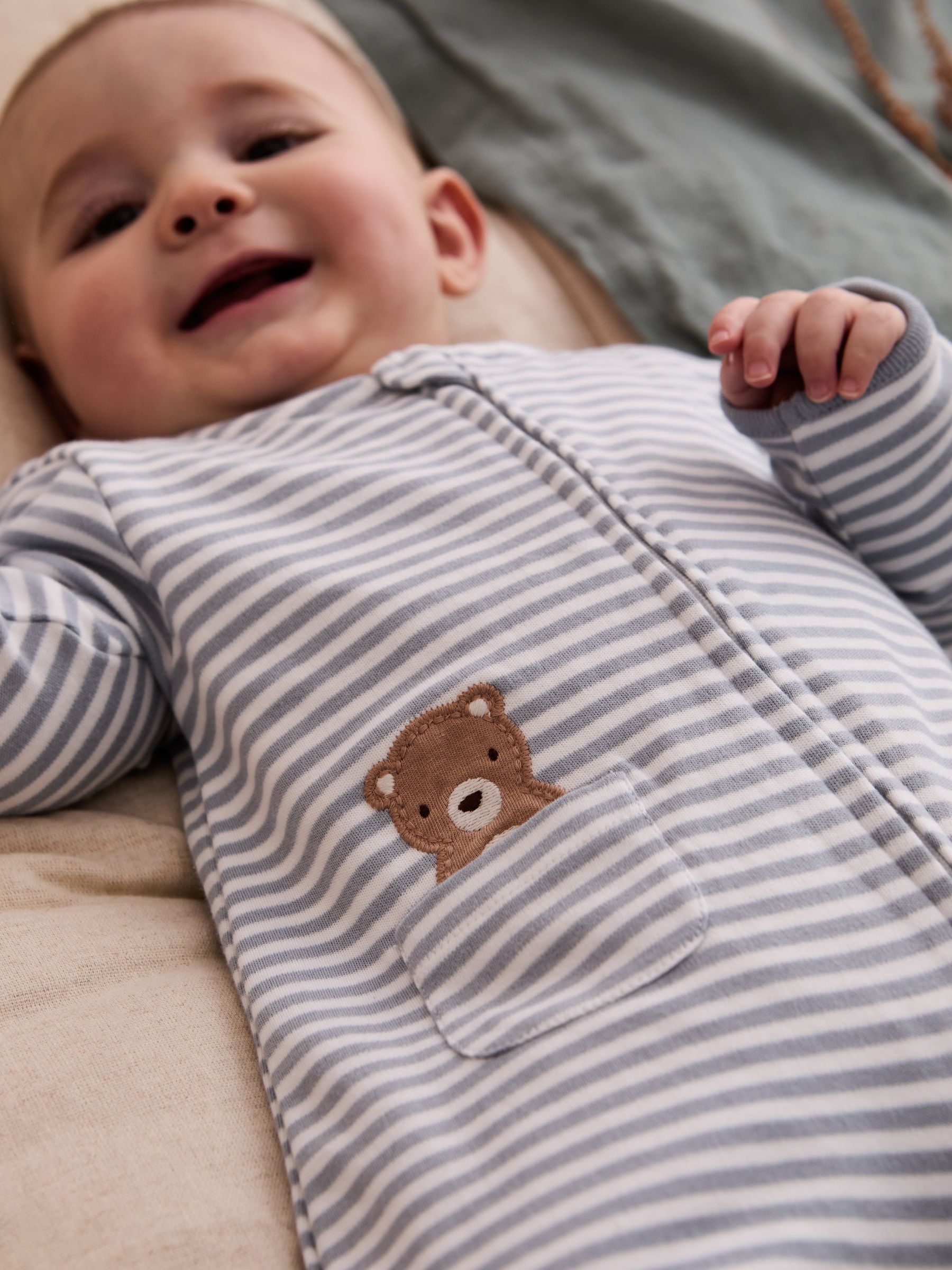 Blue 100% Organic Cotton Bear Embroidered Sleepsuit - Image 3 of 7