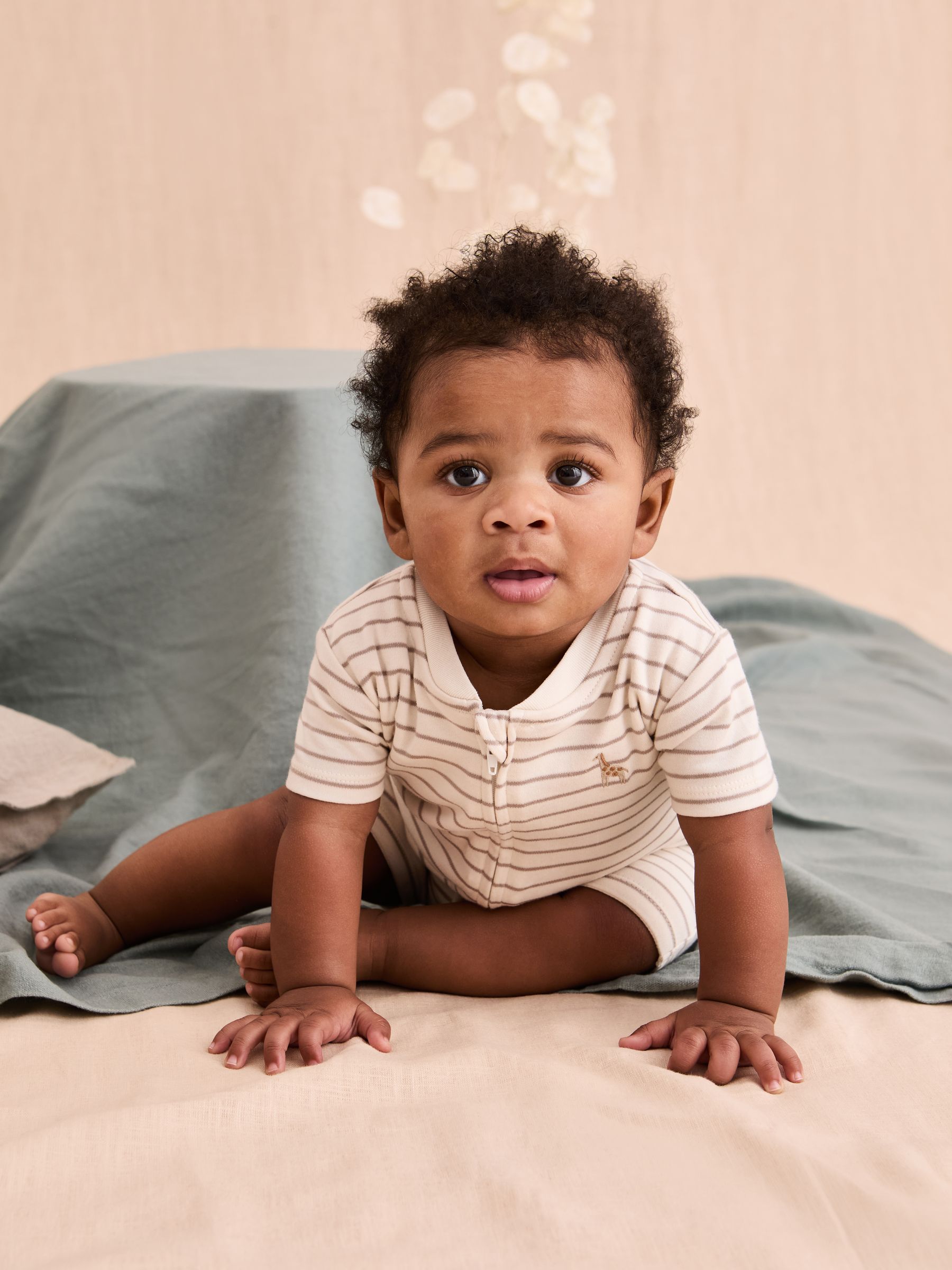 Cream 100% Cotton Short-Sleeved Stripe Romper - Image 1 of 6