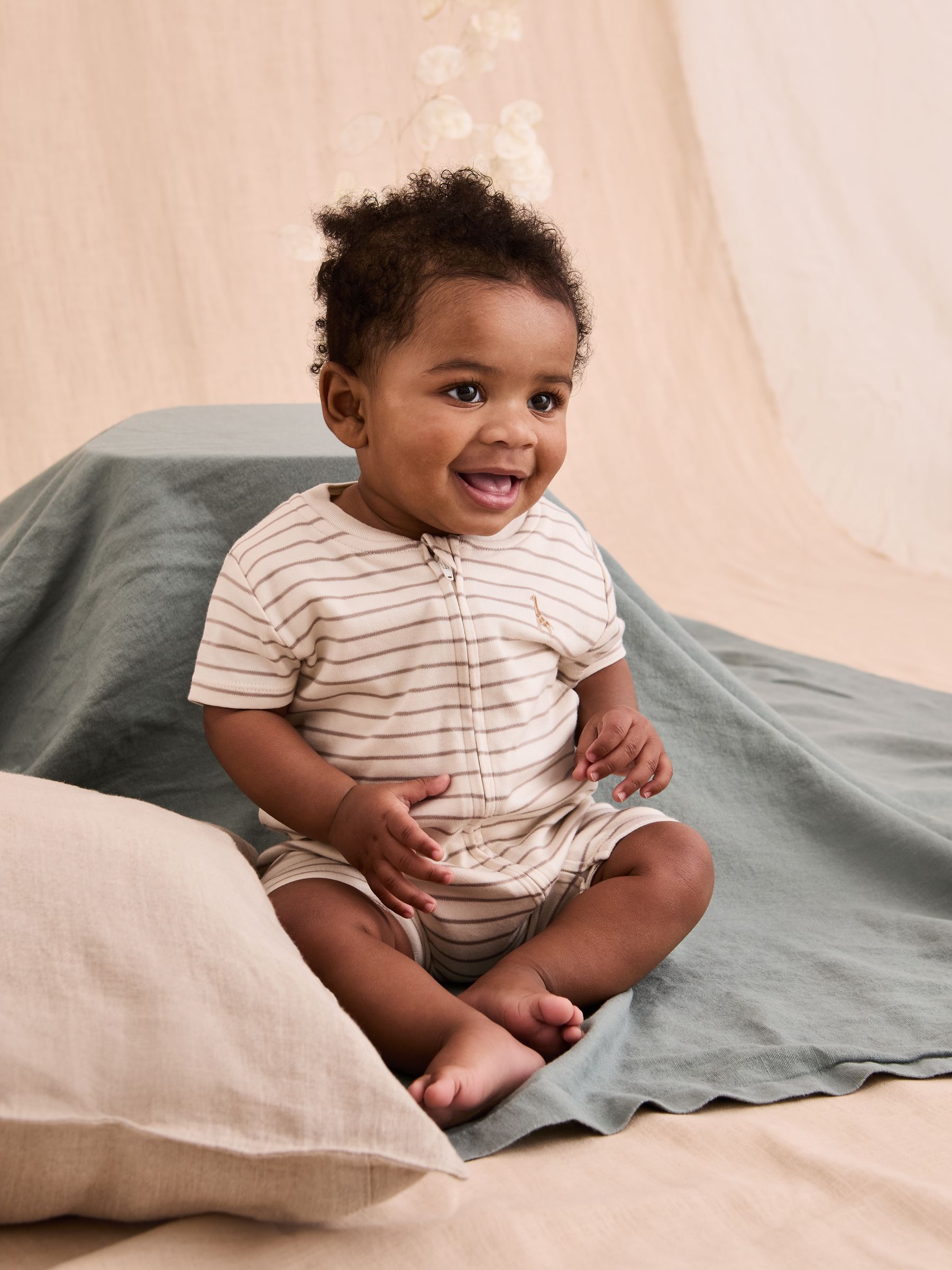 Cream 100% Cotton Short-Sleeved Stripe Romper - Image 2 of 6