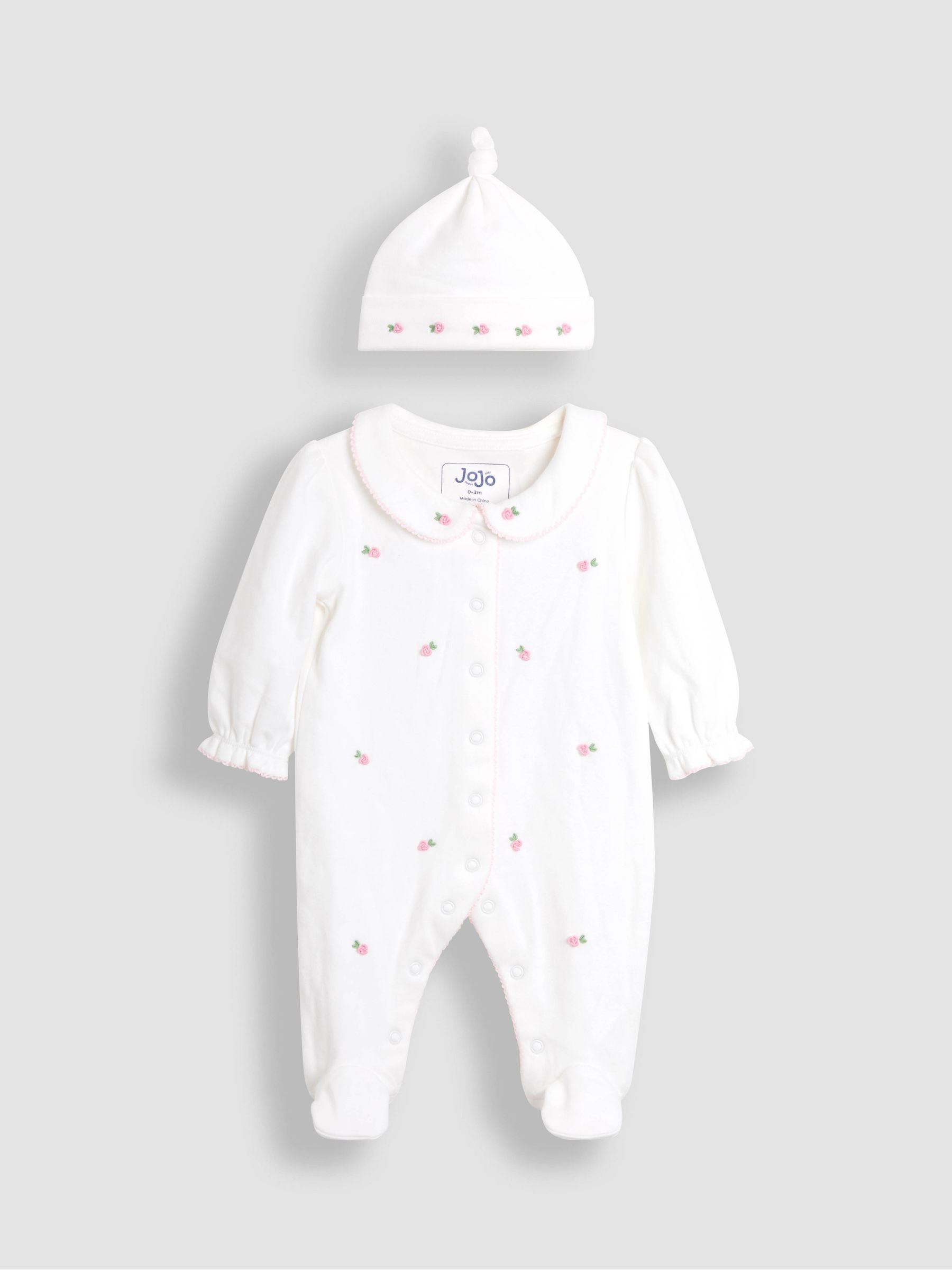 Cream Cotton Collared 2-Piece Embroidered Sleepsuit and Hat Set - Image 1 of 5