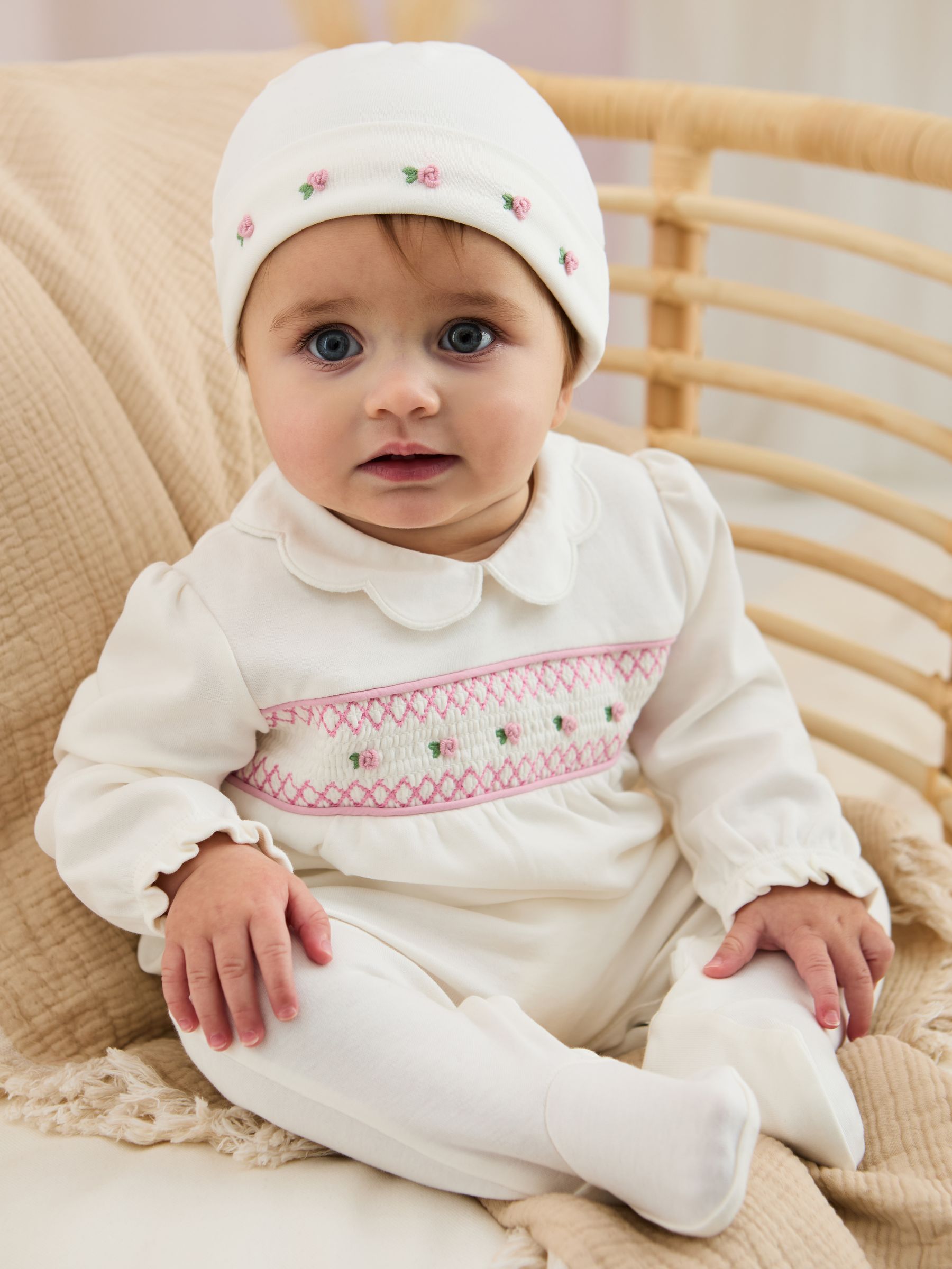 Cream 100% Cotton Smocked Sleepsuit and Hat Set 2 Piece - Image 1 of 7