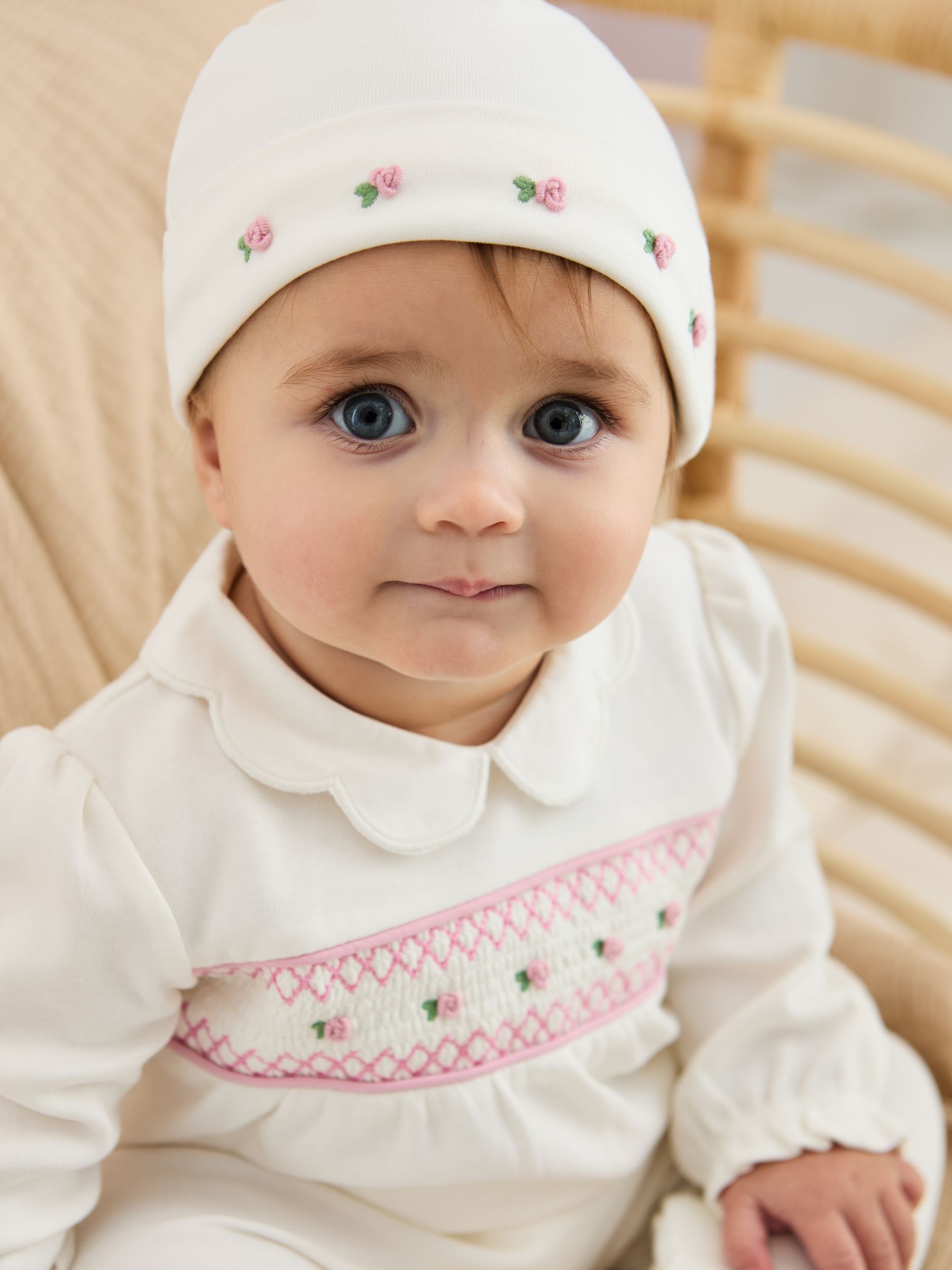 Cream 100% Cotton Smocked Sleepsuit and Hat Set 2 Piece - Image 2 of 7