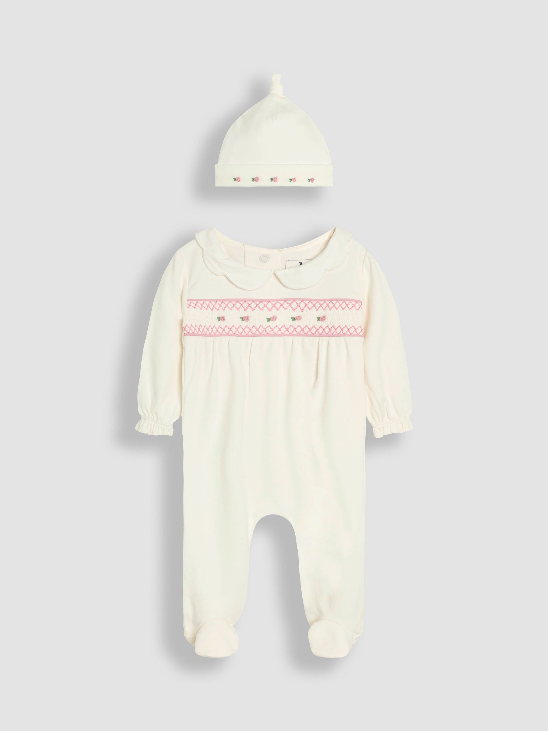 Cream 100% Cotton Smocked Sleepsuit and Hat Set 2 Piece - Image 3 of 7