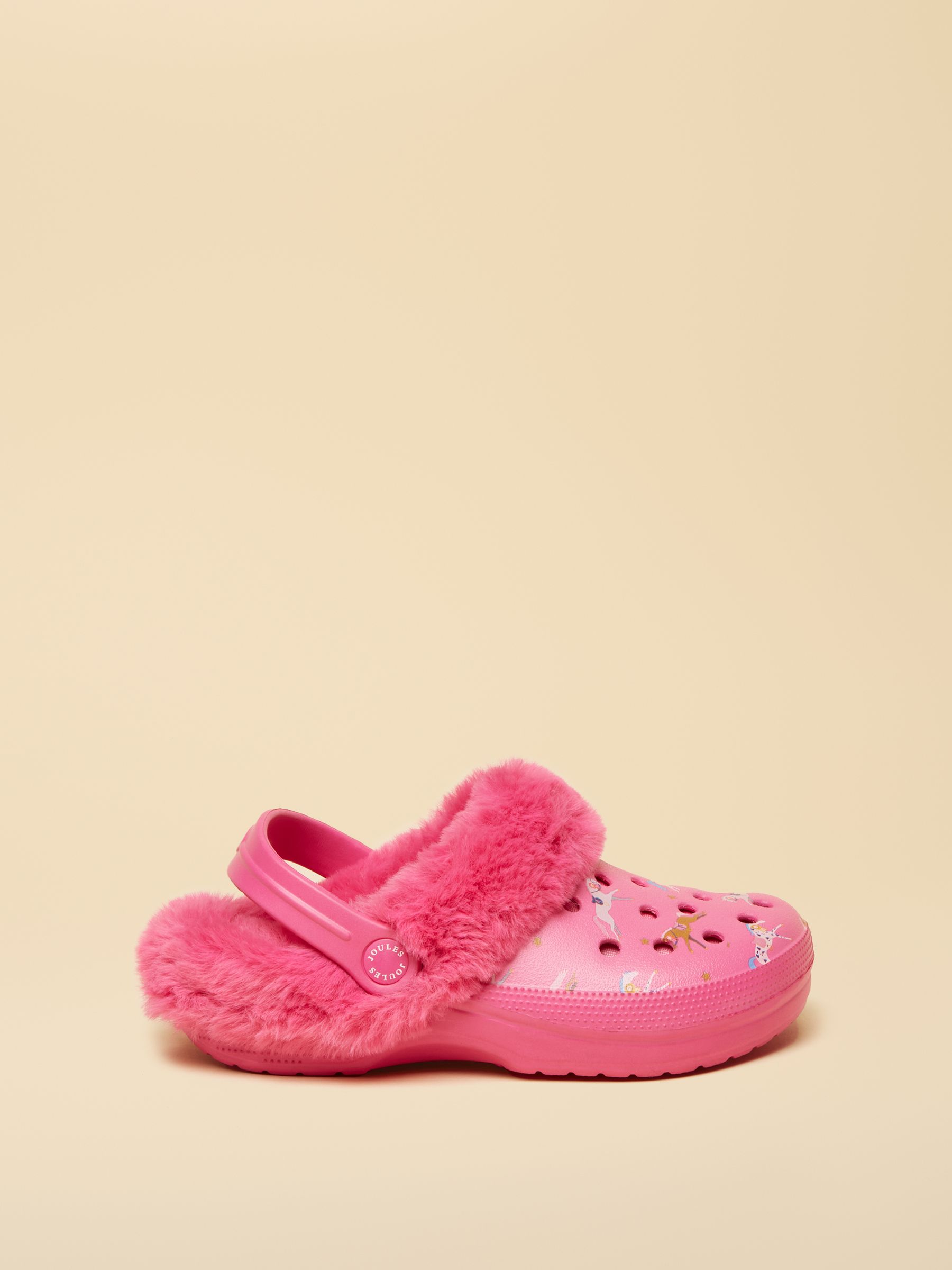 Girls' Winter Poole Pink Horse Print Faux Fur Lined Clogs - Image 1 of 6