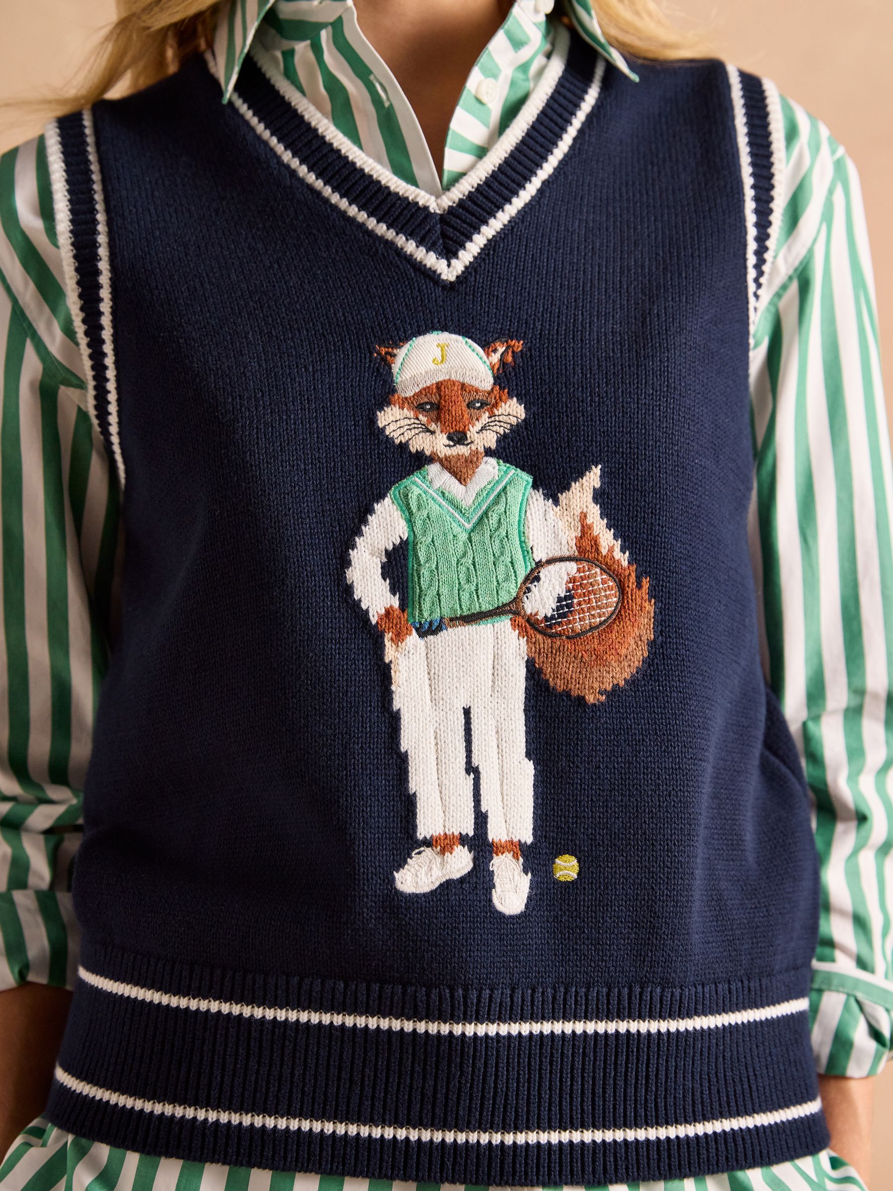 Jonty Navy Intarsia Fox Knitted Cotton Vest - Image 7 of 9
