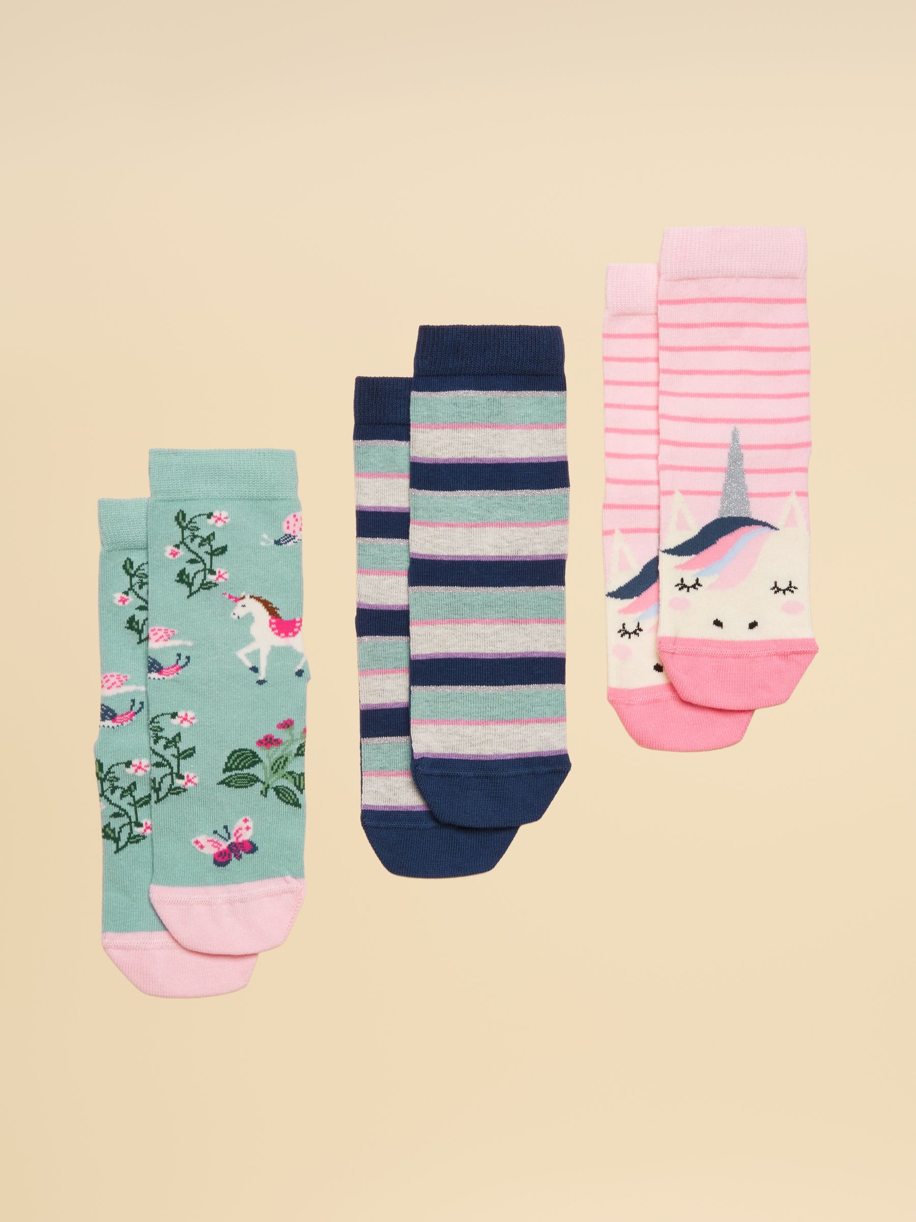 Kids' Neat Feet Pink & Blue Unicorn Socks 3 Pack - Image 1 of 3
