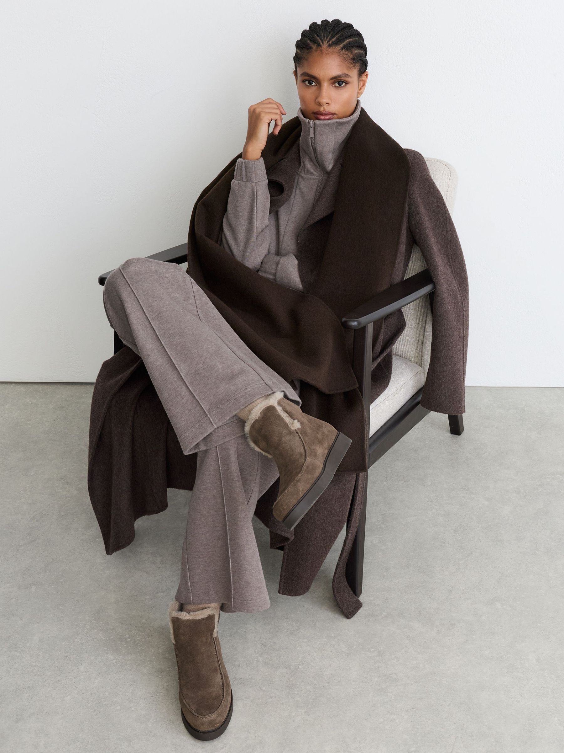 Suede Shearling-Lined Ankle Boots in Taupe - Image 1 of 7