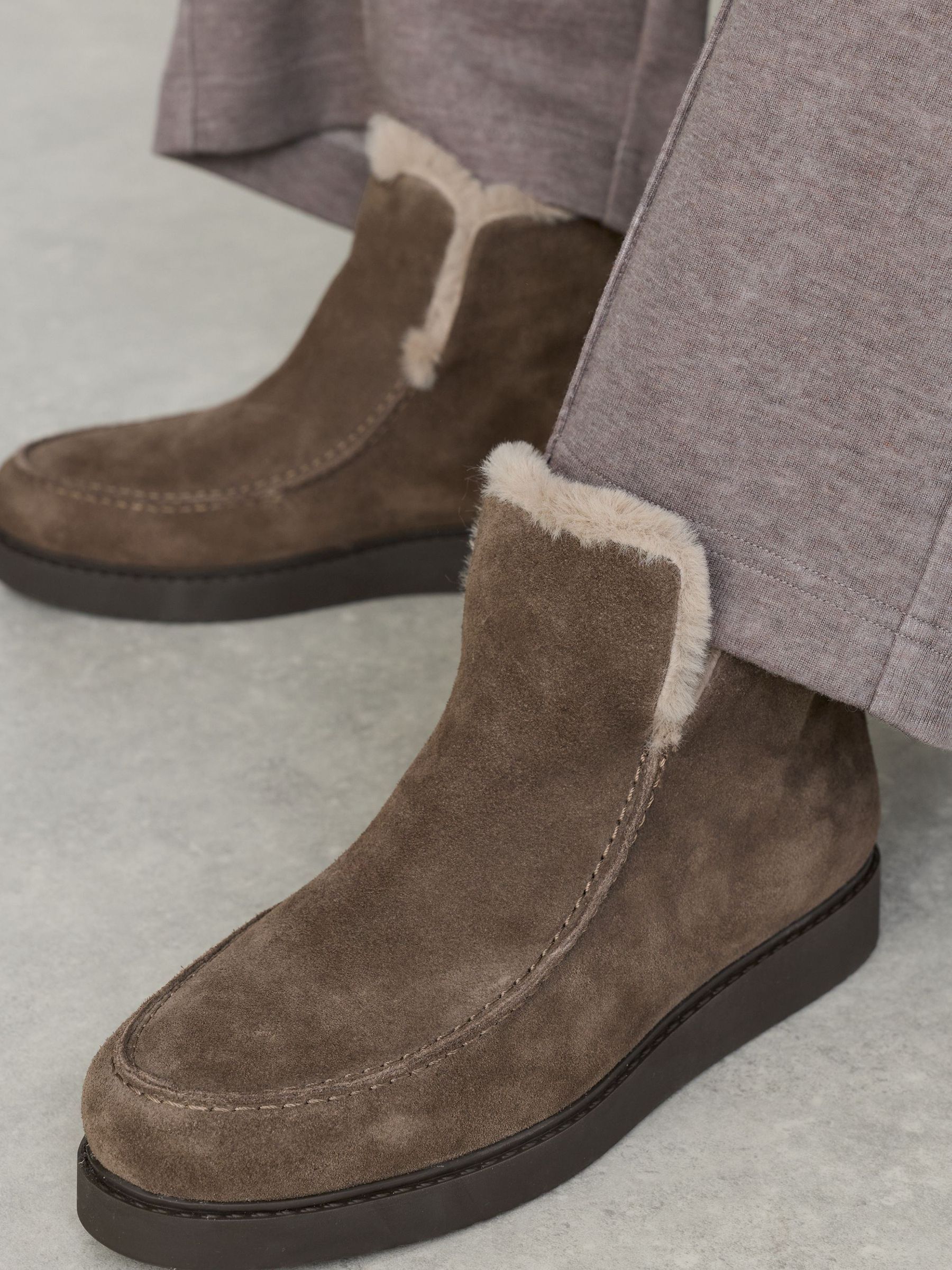 Suede Shearling-Lined Ankle Boots in Taupe - Image 6 of 7