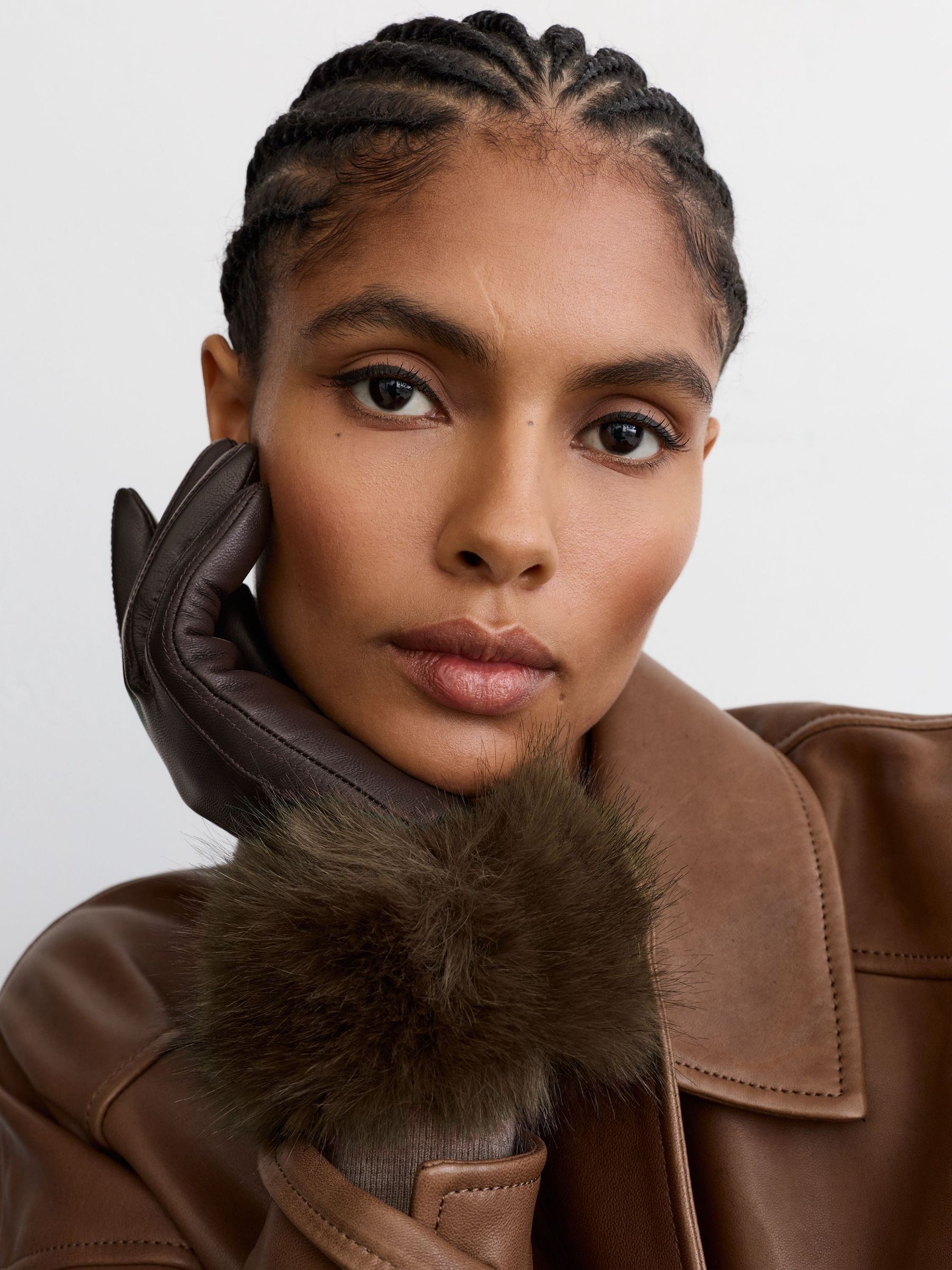 Leather Faux-Fur Cuff Gloves in Chocolate - Image 1 of 3