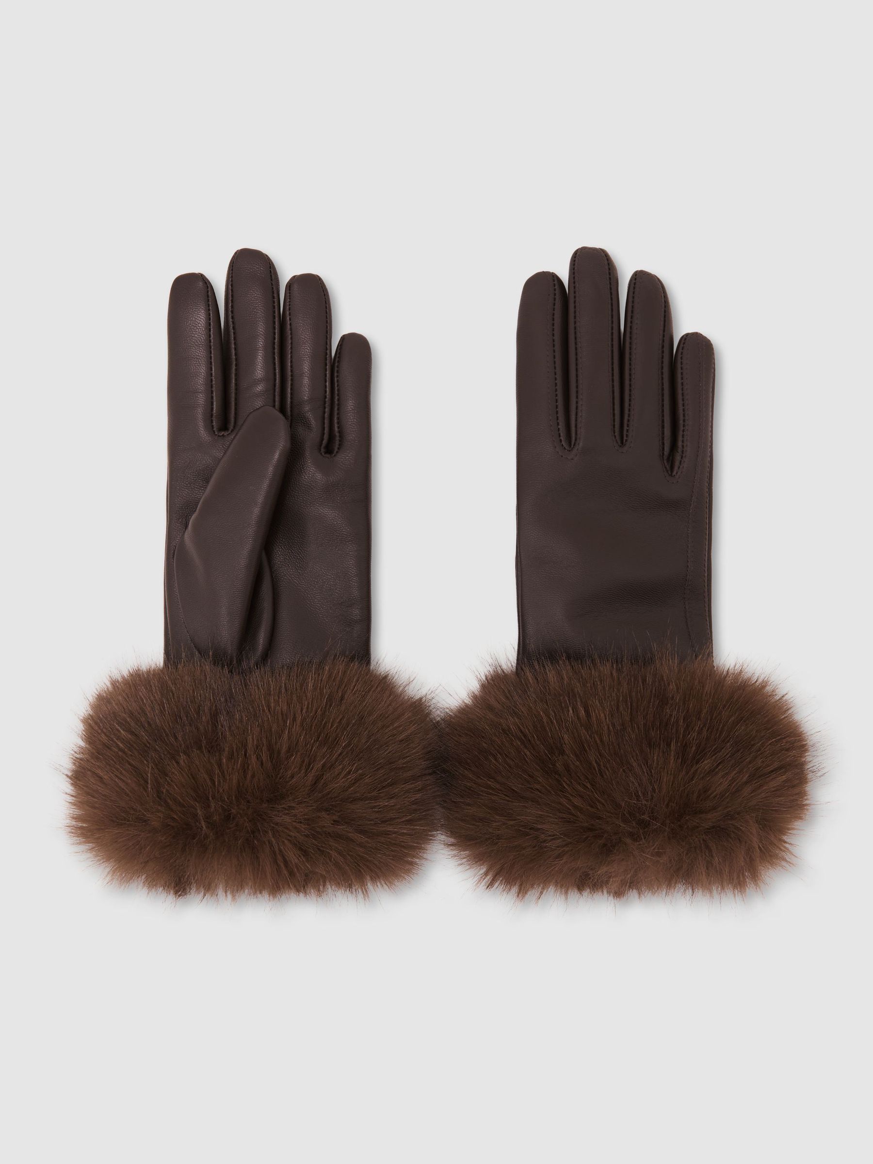 Leather Faux-Fur Cuff Gloves in Chocolate - Image 2 of 3 Leather Faux-Fur Cuff Gloves in Chocolate - Image 2 of 3