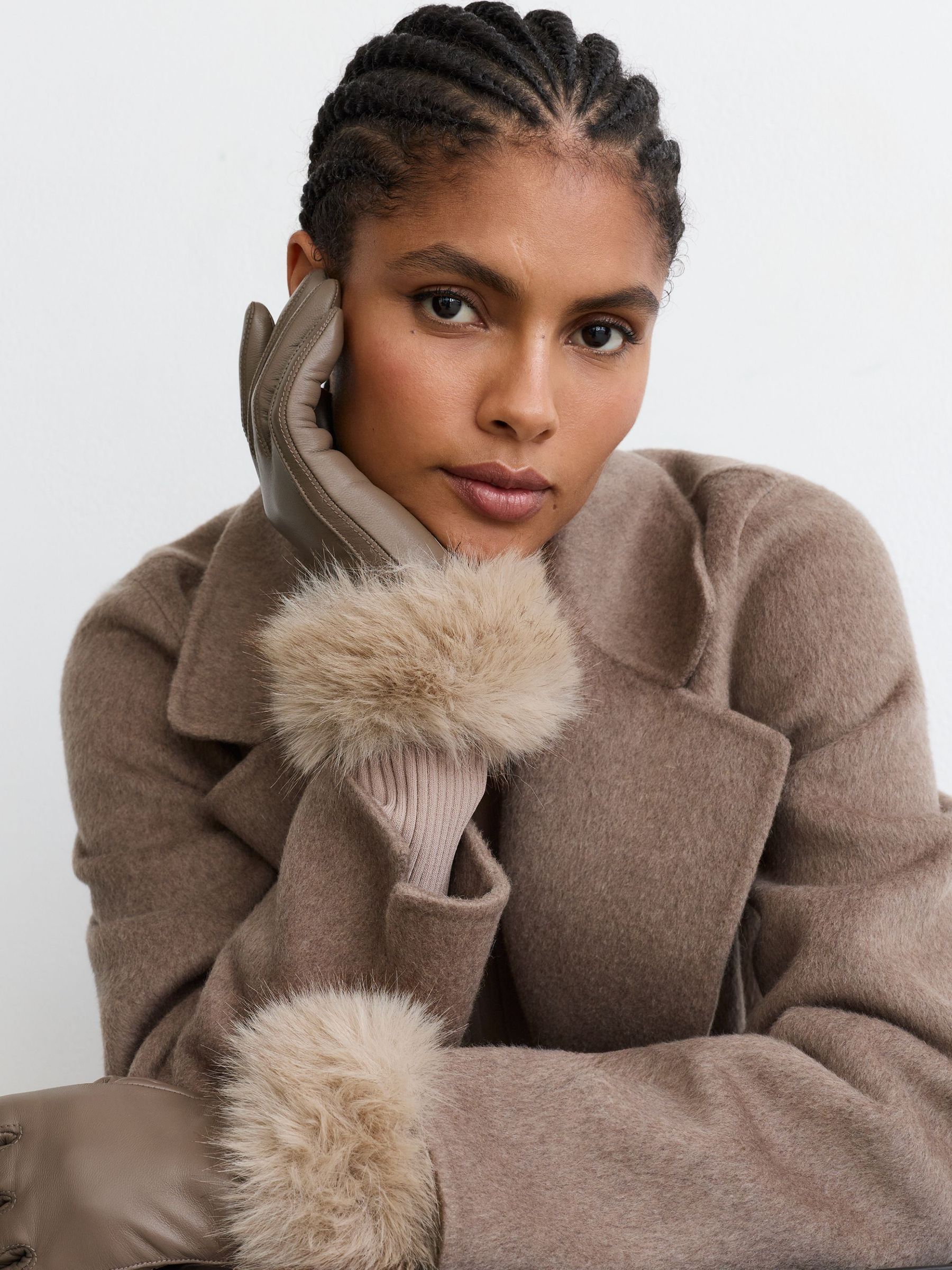 Leather Faux-Fur Cuff Gloves in Taupe - Image 1 of 3 Leather Faux-Fur Cuff Gloves in Taupe - Image 1 of 3