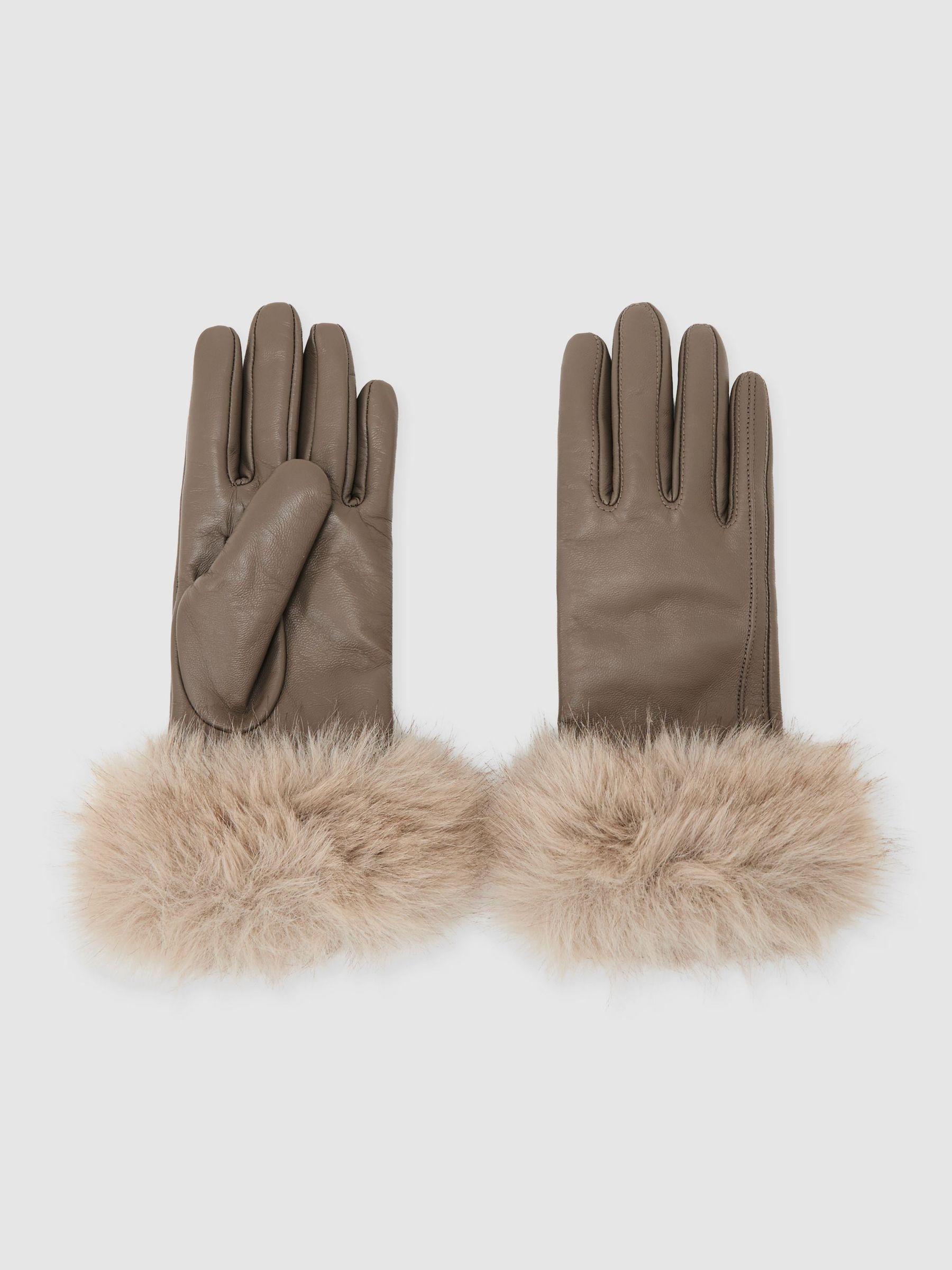 Leather Faux-Fur Cuff Gloves in Taupe - Image 2 of 3