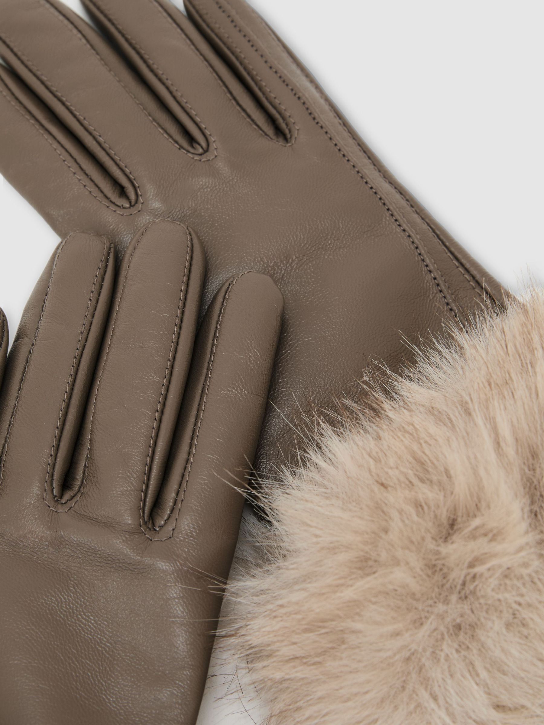 Leather Faux-Fur Cuff Gloves in Taupe - Image 3 of 3