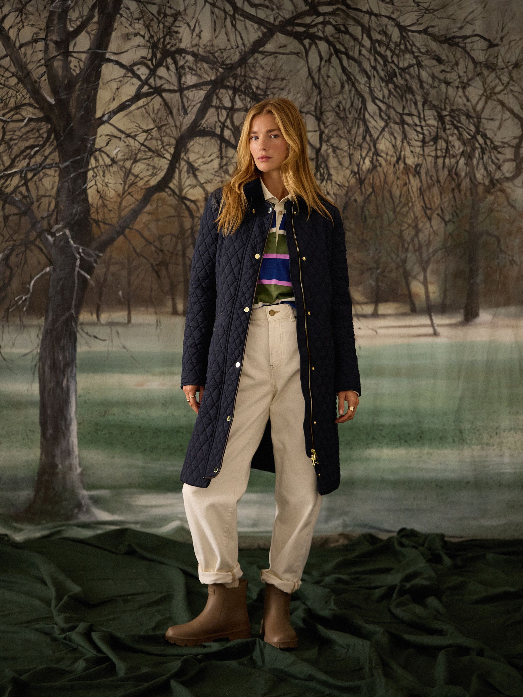 Rosewell Navy Longline Diamond Quilted Showerproof Coat with Collar - Image 2 of 13