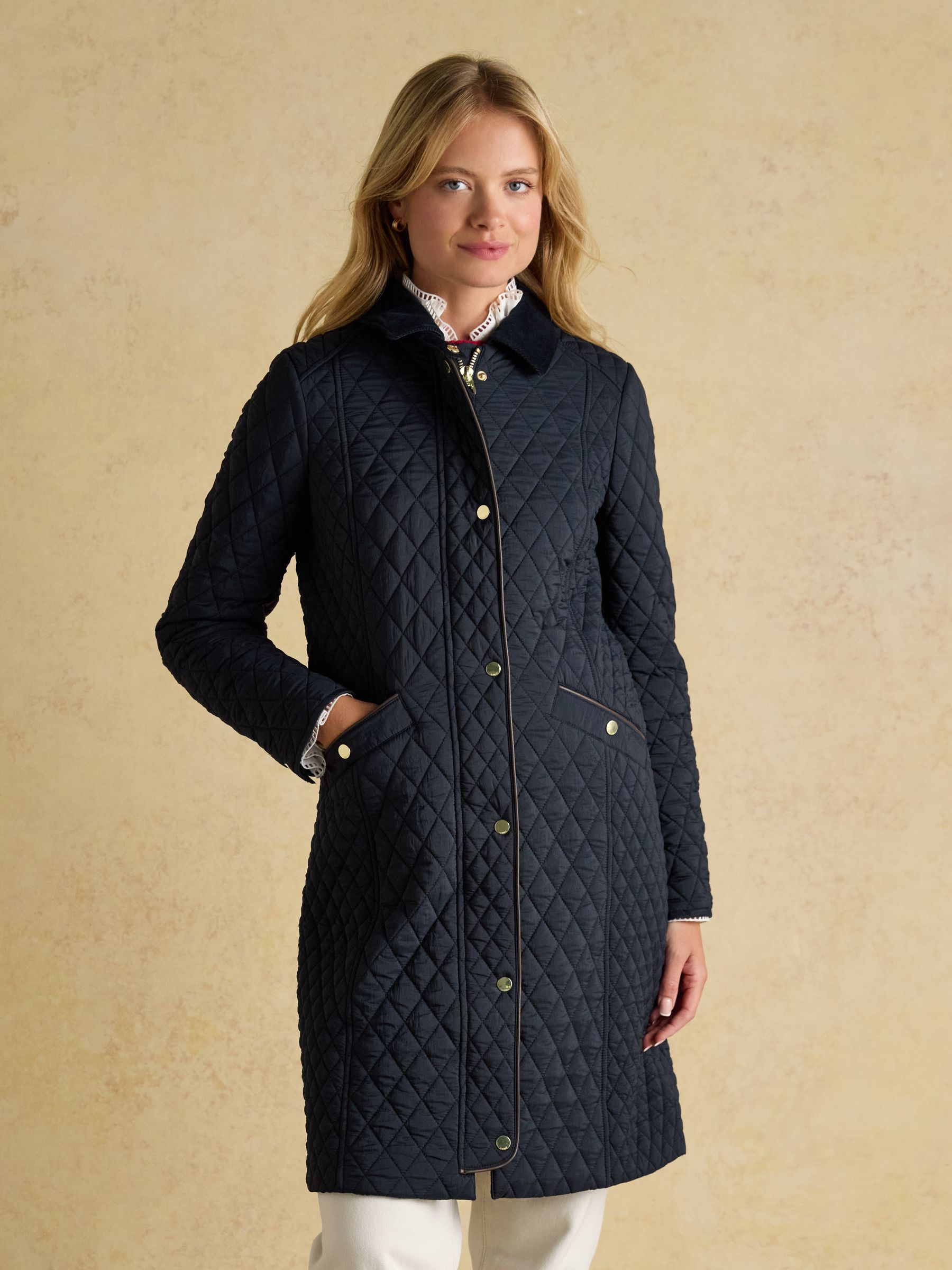 Rosewell Navy Longline Diamond Quilted Showerproof Coat with Collar - Image 3 of 13